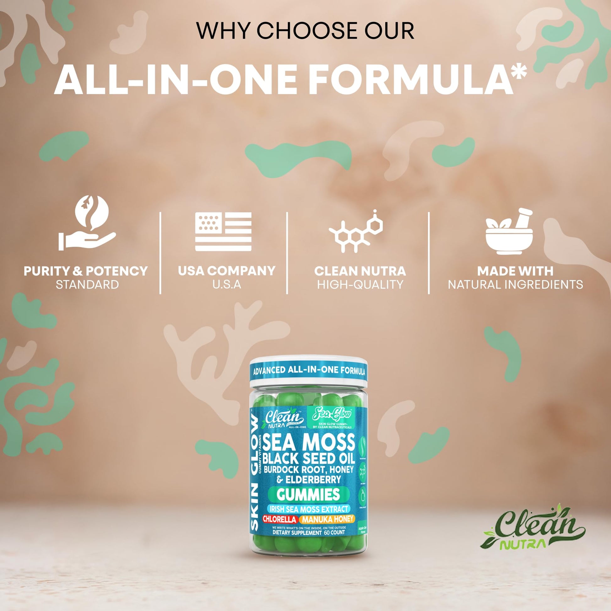 Clean Nutra Sea Moss Gummies Black Seed Oil Chlorella Ashwagandha Root Hair Growth Skin Glow Irish Sea Moss Elderberry Burdock Manuka Honey Trace Minerals Detox 60 Gummy Vitamins Sea Glow Supplement Clean Nutraceuticals Au supplements
