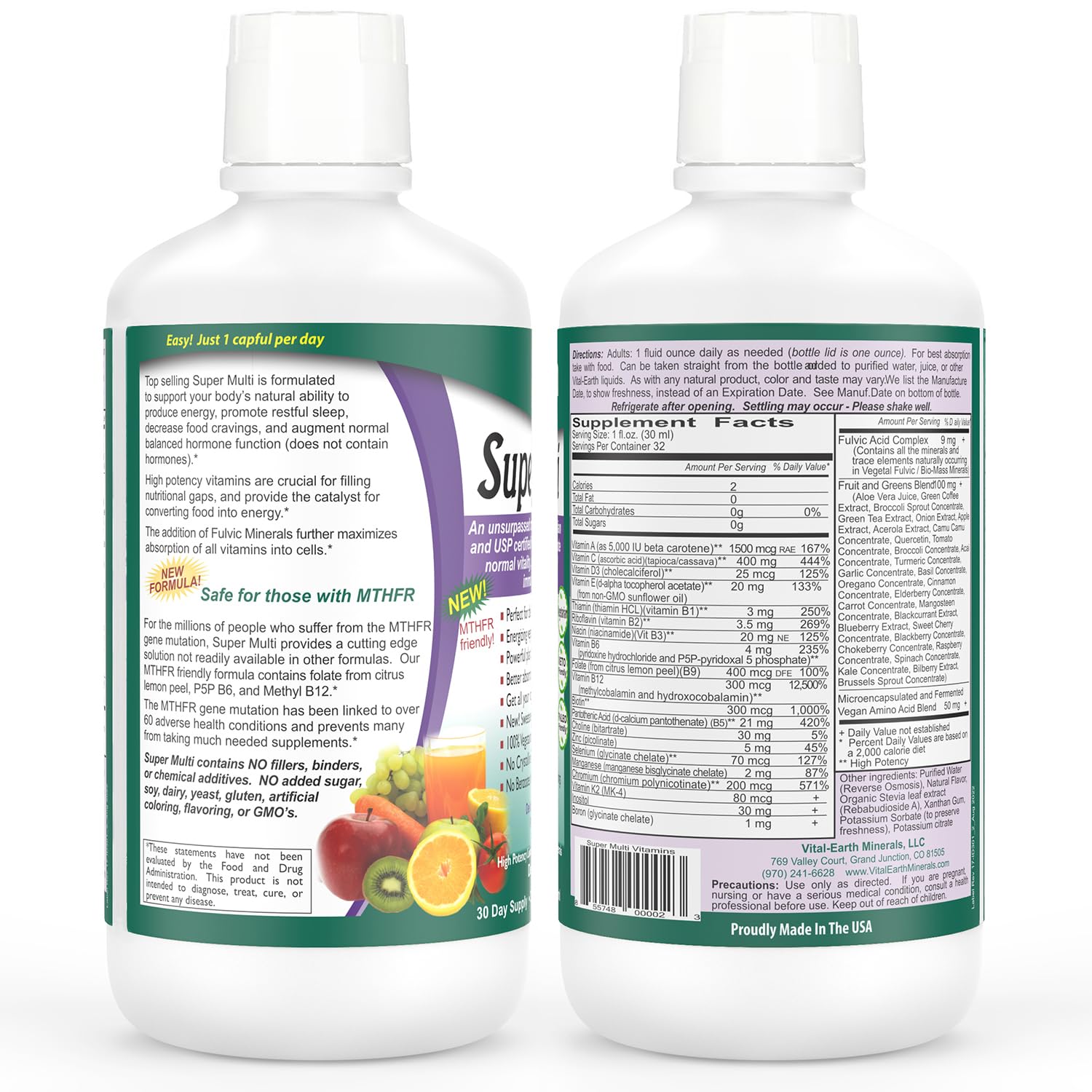 Vital Earth Minerals Detox and Wellness Support – Fulvic Humic Mineral Blend with 70+ Trace Minerals + Super Multi, Liquid Multivitamins, MTHFR Enhancement, 32 OZ Ea Vital Earth Minerals Au supplements
