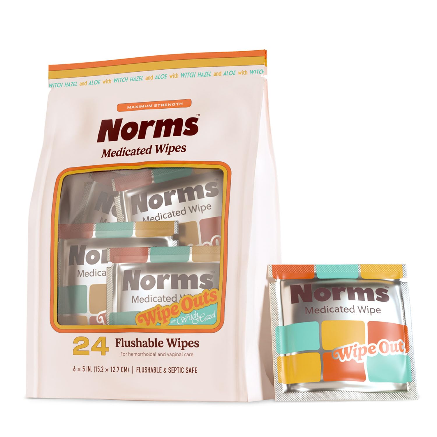 Norms Wipe Outs Hemorrhoid Wipes, 24 Individually Wrapped Witch Hazel Wipes with Aloe to Soothe and Cool Itching, Burning and Irritation, Flushable Septic Safe, Plant Based & Plastic-Free Norms Au supplements