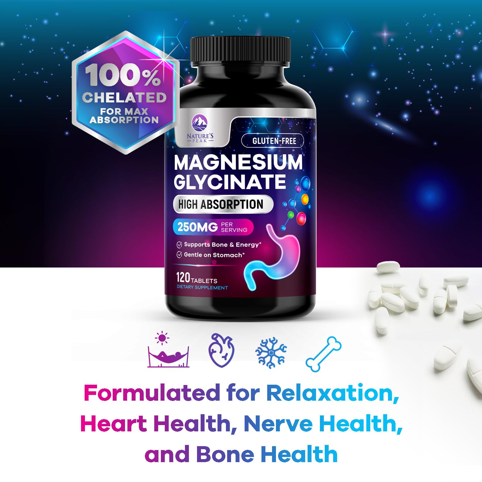 Magnesium Glycinate Supplement 250mg - 100% Chelated & Purified - to Support Sleep, Heart Health, Muscles, & Bone Strength - Best Absorption Magnesium Glycinate Capsules, Bottled in USA - 120 Tablets Nature's Peak Au supplements