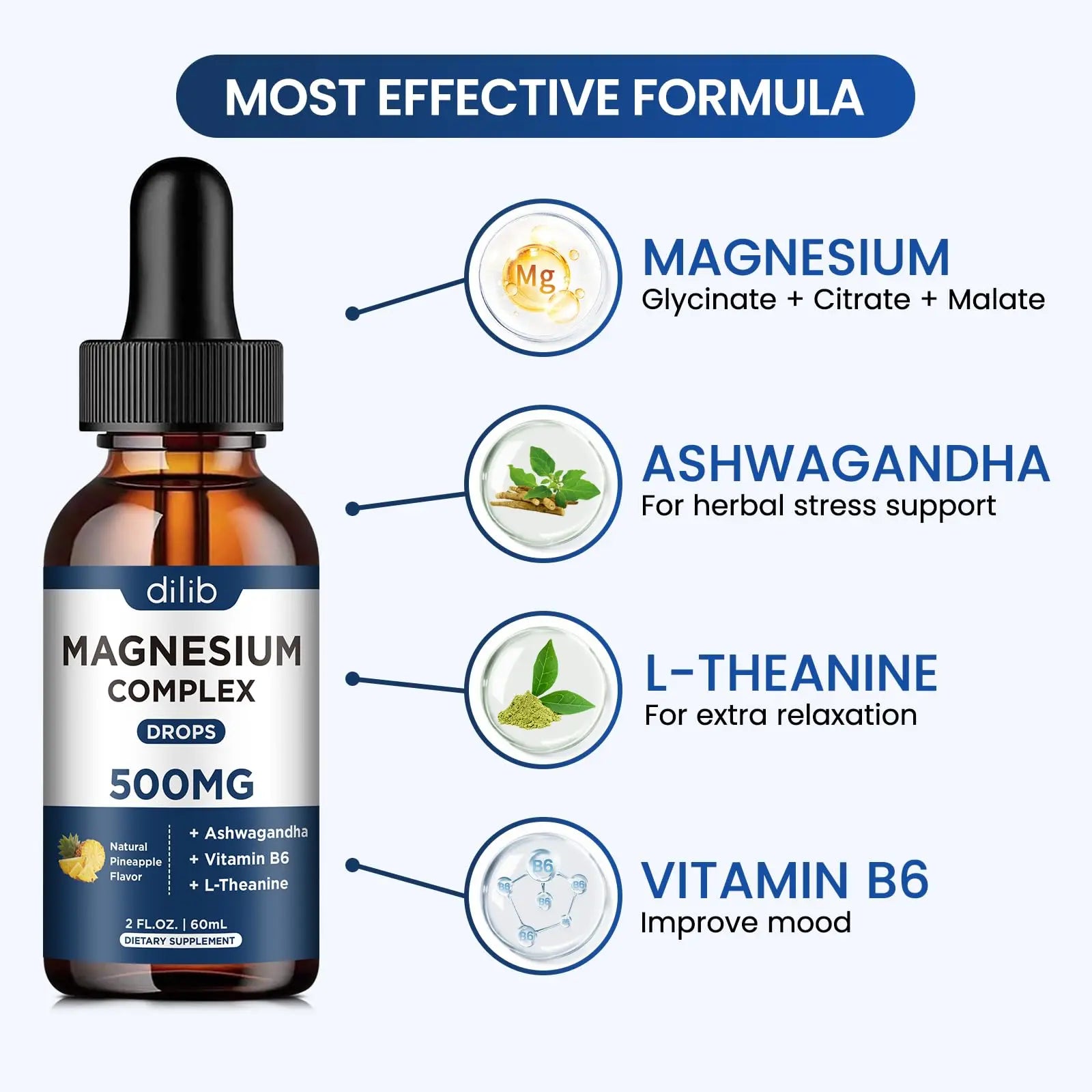 Triple Magnesium Complex Supplement-Magnesium Glycinate, Citrate, Malate Liquid Drops 500mg with Ashwagandha, L-Theanine, Vitamin B6 for Calm, Stress Relief, Sleep, Muscle Support-Pineapple Flavor dilib Au supplements
