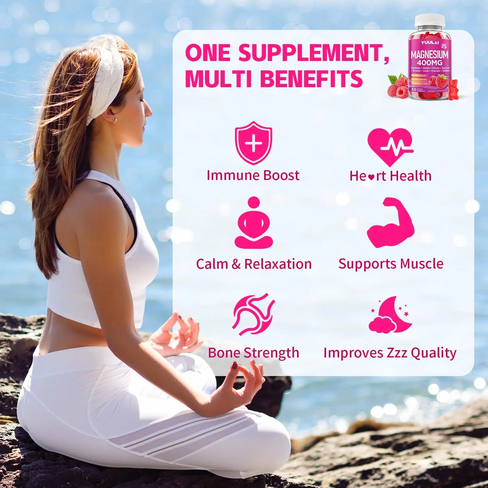 Pack of 2 Magnesium Complex Gummies 400mg, Magnesium Glycinate, Malate, Citrate, Taurate, Oxide & More | w/Ashwagandha Extract, D3 & B12 for Calm, Zzz, Relaxation, Raspberry Flavor, 120 Count YUULAI Au supplements
