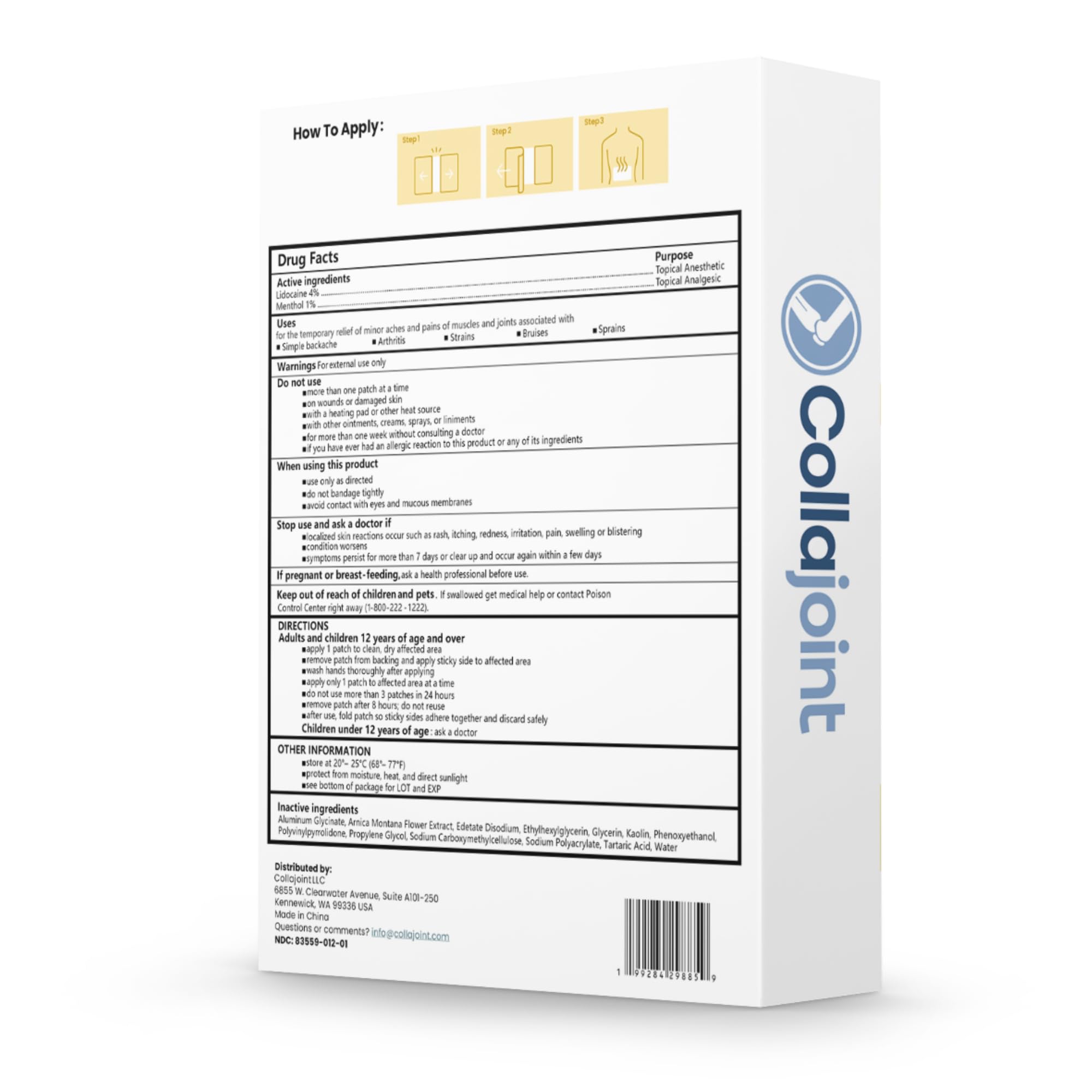 Collajoint Maximum-Strength Lidocaine 4% & Menthol 1% Hydrogel Pain Relief Patch with Arnica Montana Flower Extract-Temporary Numbing & Cooling Relief for Sore Muscles, Stiff Joints & Arthritis Collajoint Au supplements