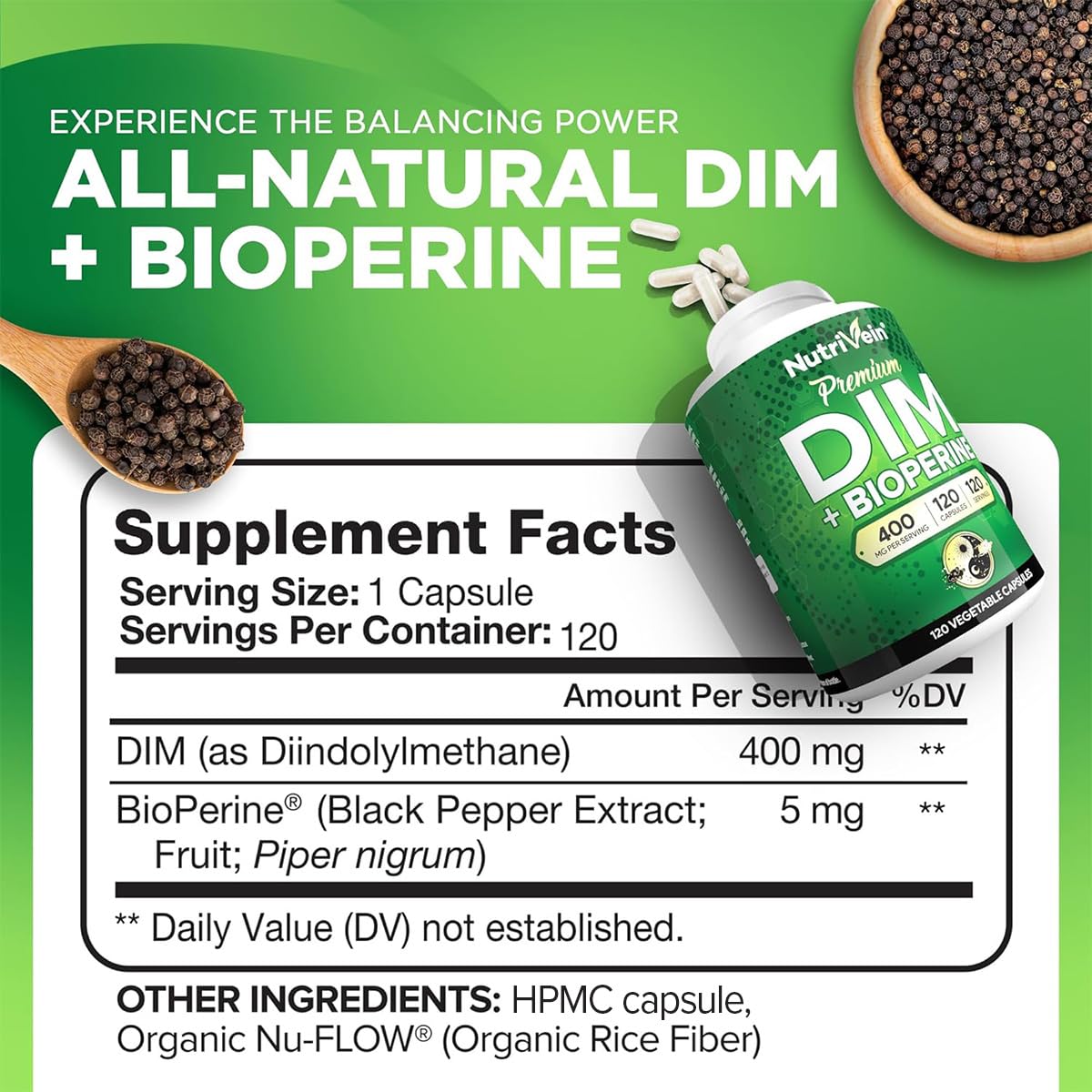 Nutrivein Premium DIM Supplement 400 mg Daily - 120 Servings (120 Capsules): Diindolylmethane for Women and Men - Plus Bioperine - Estrogen Supplement - Menopause and Middle Age Support Nutrivein Au supplements