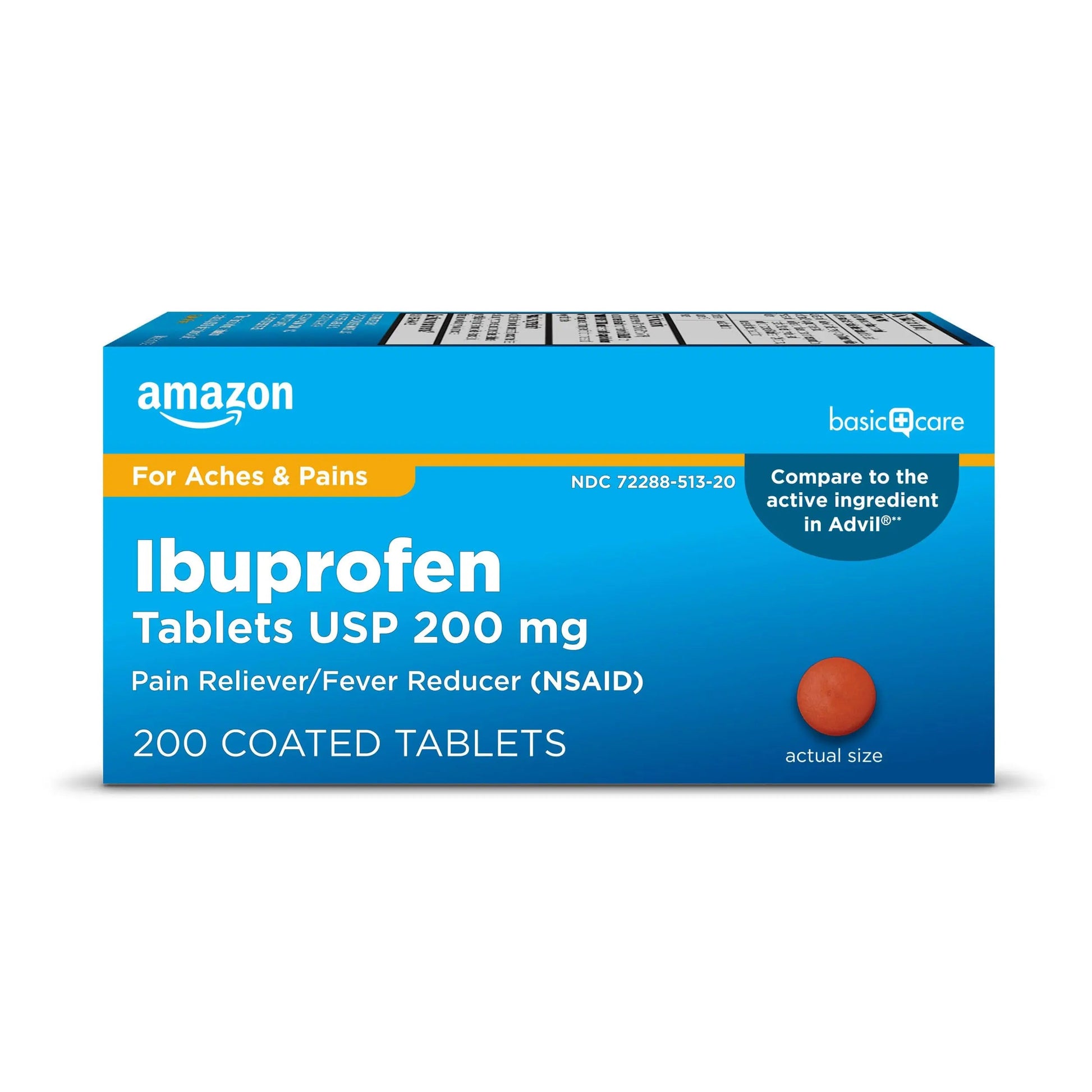 Amazon Basic Care Ibuprofen Tablets, Fever Reducer and Pain Relief from Body Aches, Headache, Arthritis Pain and More, Brown 200 Count Amazon Basic Care Au supplements
