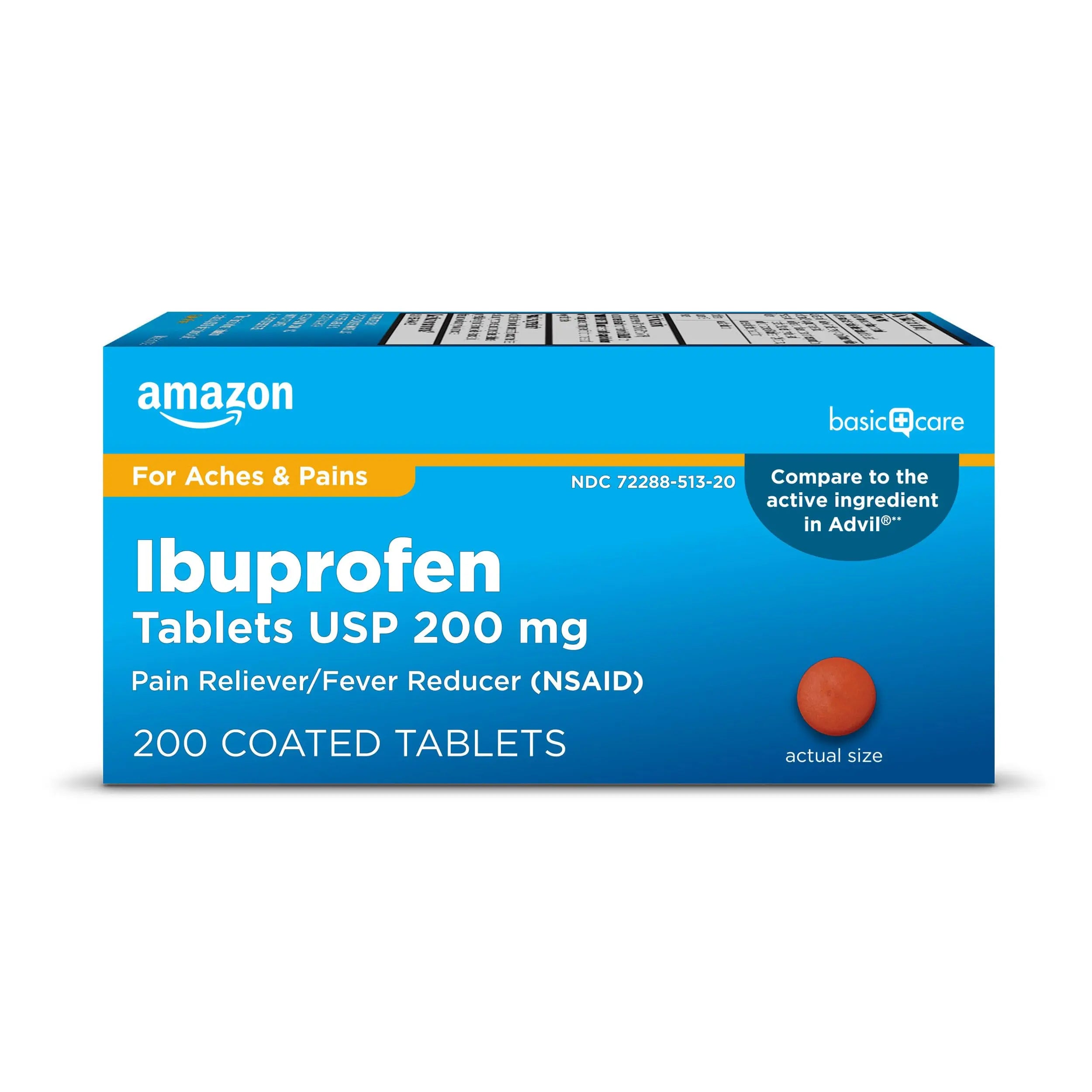 Amazon Basic Care Ibuprofen Tablets, Fever Reducer and Pain Relief from Body Aches, Headache, Arthritis Pain and More, Brown 200 Count Amazon Basic Care Au supplements