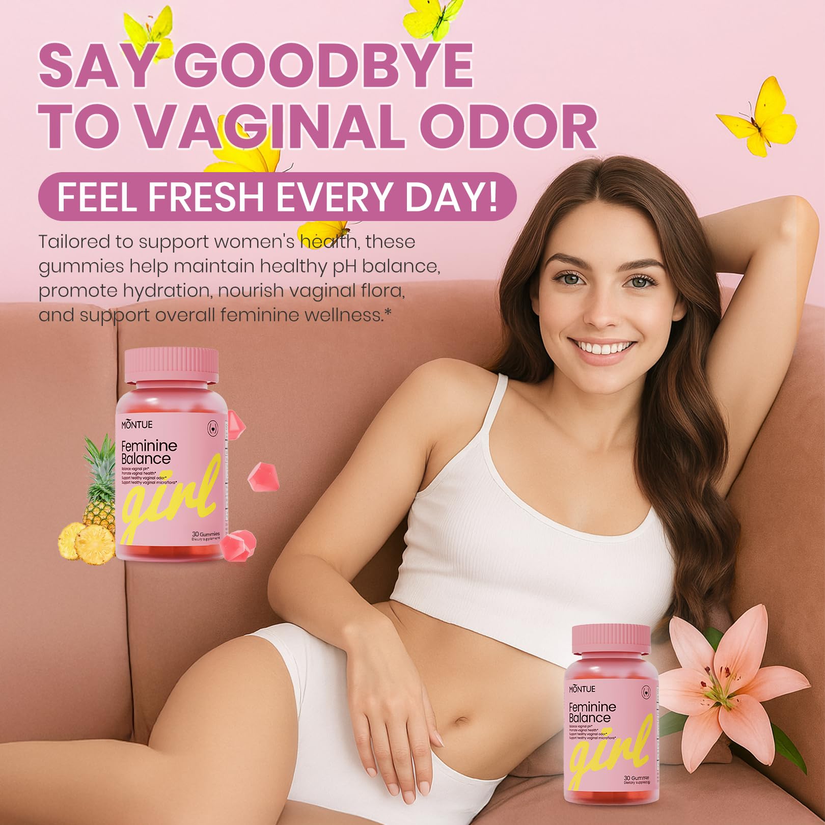 Montue Premium Diamond Feminine Balance Gummies-pH Balance with Prebiotics & Lactobacillus Probiotic Blend&Hawaiian Pineapple Immune Support,Vegan& Non-GMO（30 Gummies） Montue Au supplements