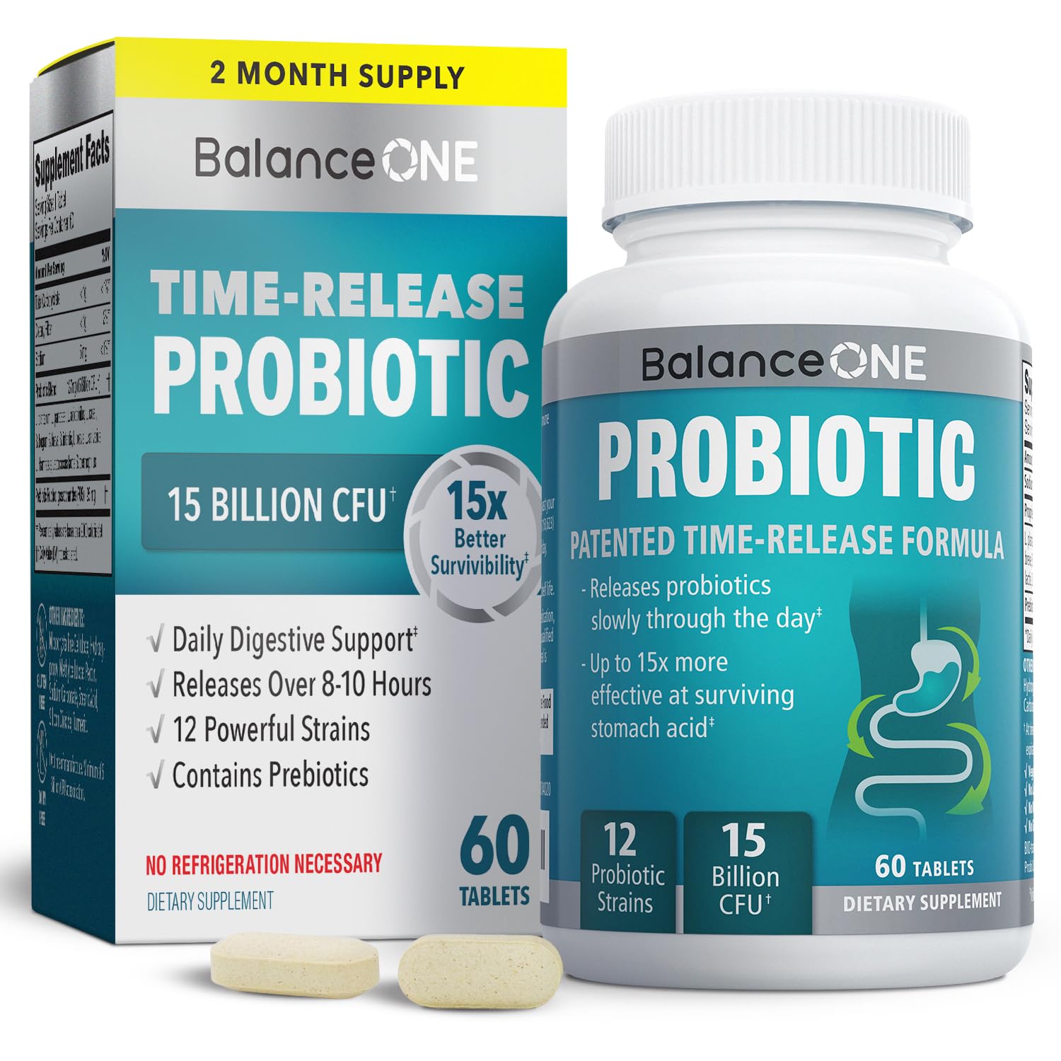 Balance ONE Time Release Probiotic – 15 Billion CFU – 12 Strains Including L. Plantarum – 15x More Survival Than Capsules – Bloating & Gas Relief – Gut & Digestive Health for Women & Men – 60 Tablets Balance ONE Au supplements