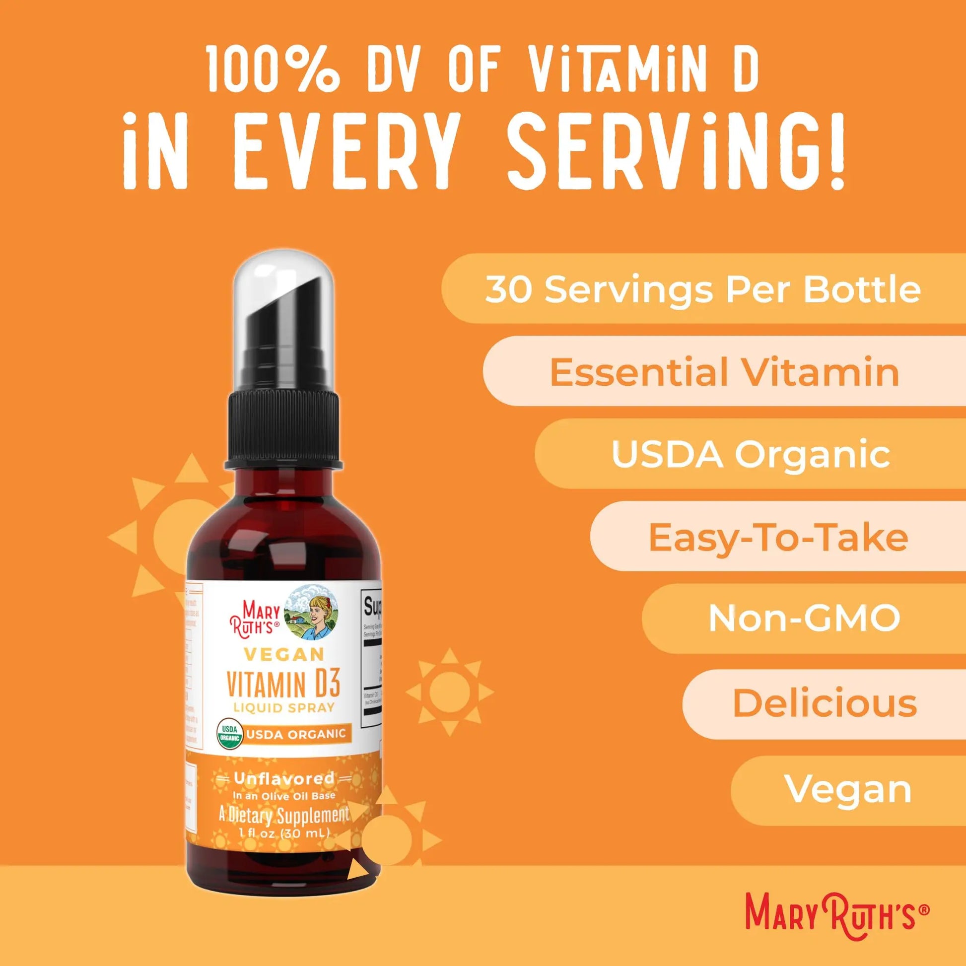 MaryRuth Organics Vitamin D USDA Organic | VIT D3 Liquid | Sugar Free | Liquid VIT D Spray Immune Support for Adults & Kids | Bone Health| Vegan | Gluten Free | Non-GMO | 30 Servings MARYRUTH'S Au supplements