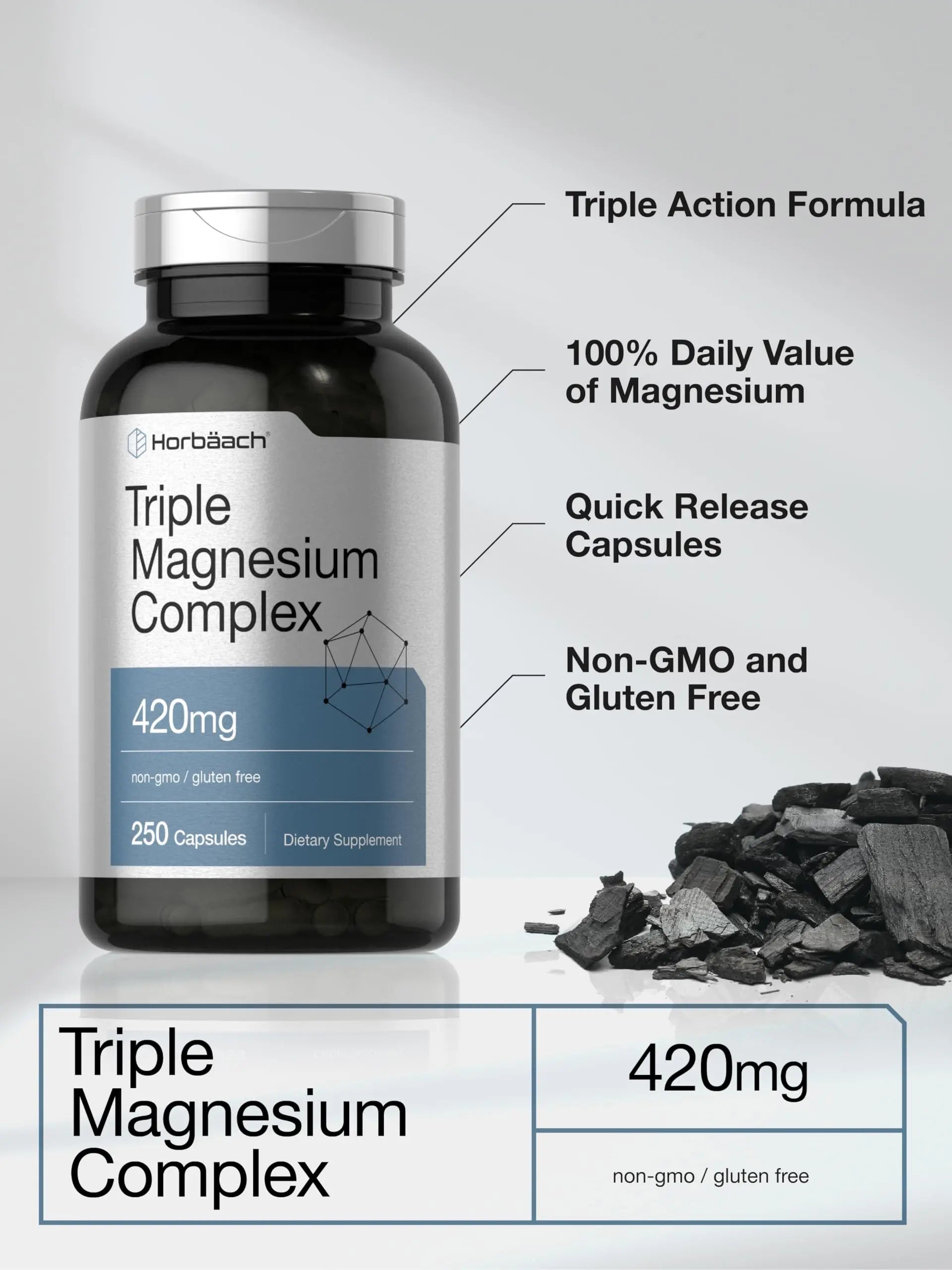 Horbäach Triple Magnesium Complex | 420 mg | 250 Capsules | Non-GMO and Gluten Free Formula | Magnesium Oxide, Citrate, and Aspartate Dietary Supplement Horbäach Au supplements
