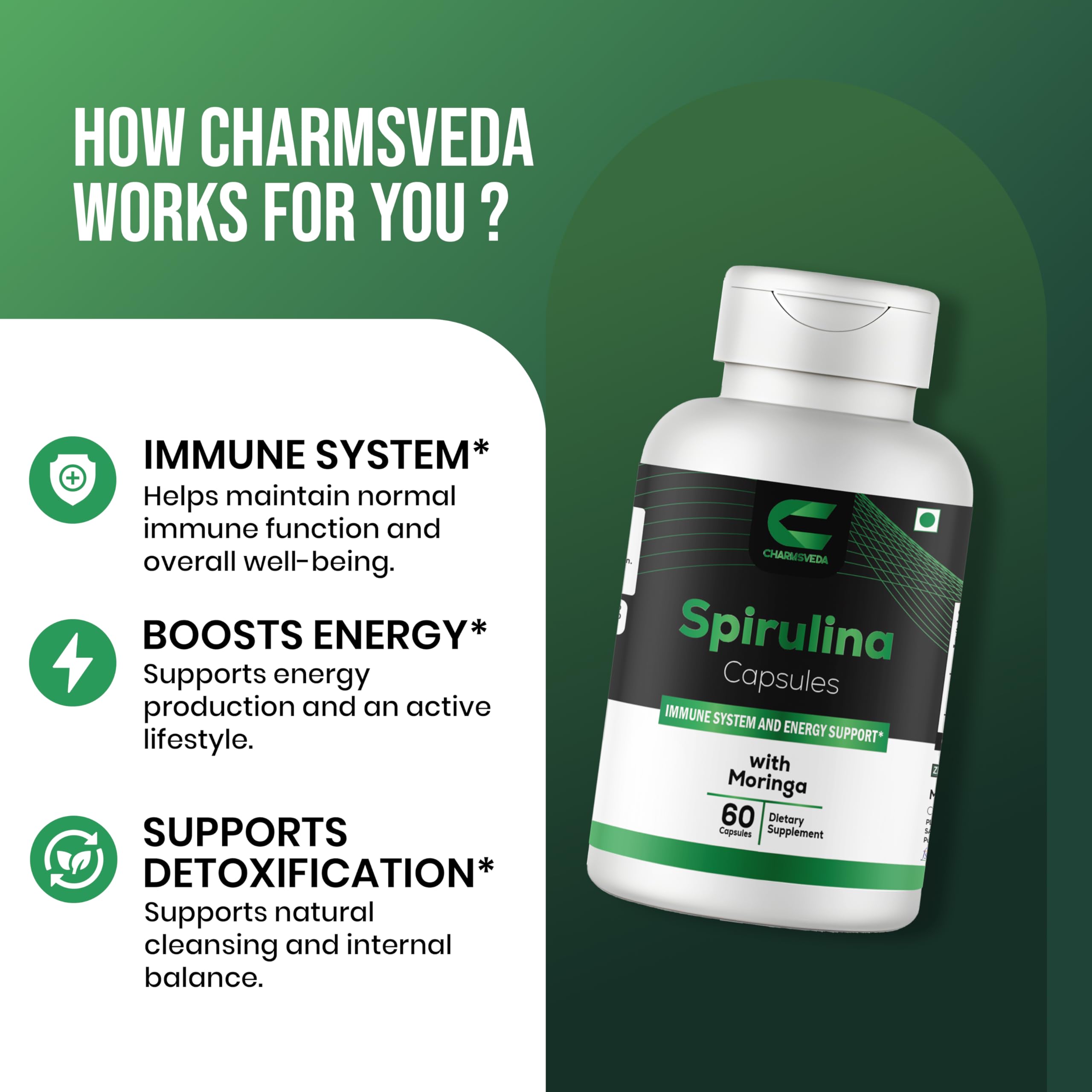 CHARMSVEDA Spirulina Capsules with Moringa – Herbal Immune Support* – 60 Vegan Capsules CHARMSVEDA Au supplements