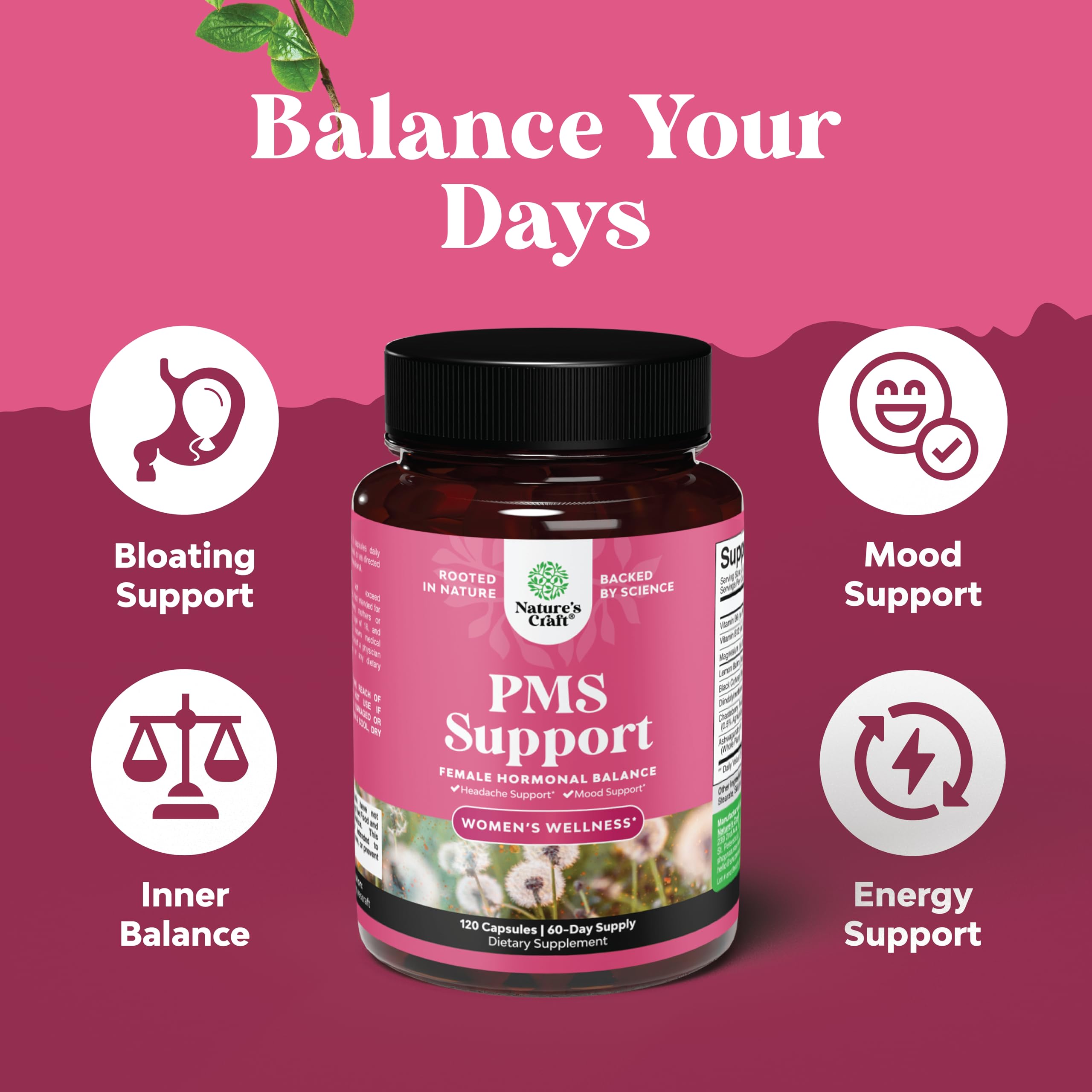 PMS Support Supplement for Women – Hormone Balance for Women & Menstrual Discomfort with DIM, Chasteberry, Black Cohosh & Ashwagandha - for Period Cramps Ease, Menopause Bloating, Mood Swing – 120 Ct Natures Craft Au supplements
