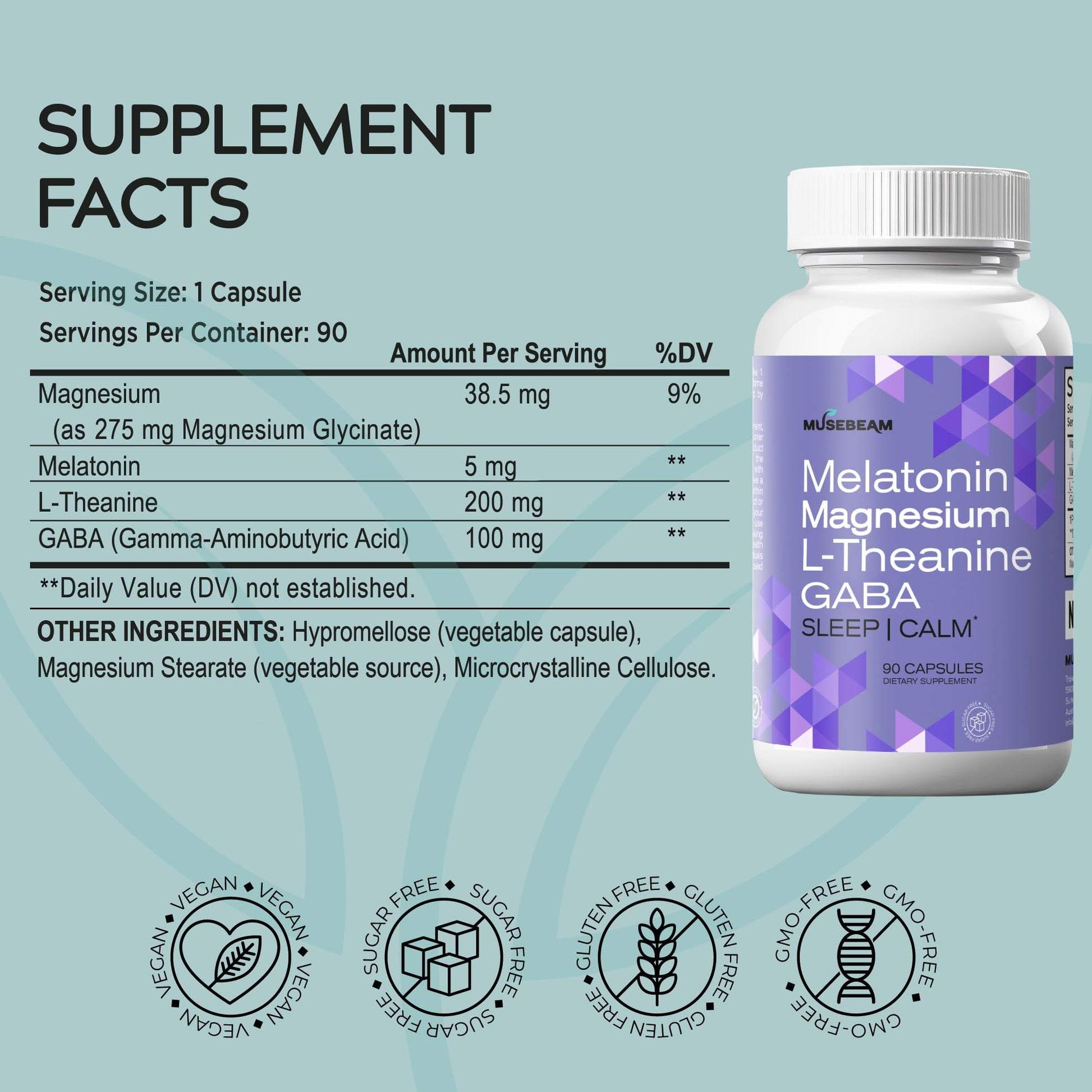 MuseBeam Magnesium Glycinate 275mg Melatonin 5mg L-Theanine 200mg GABA 100mg Capsules - Full Rest Nighttime Bedtime Support Supplement for Men Women - Vegan Sugar-Free Gluten-Free musebeam Au supplements