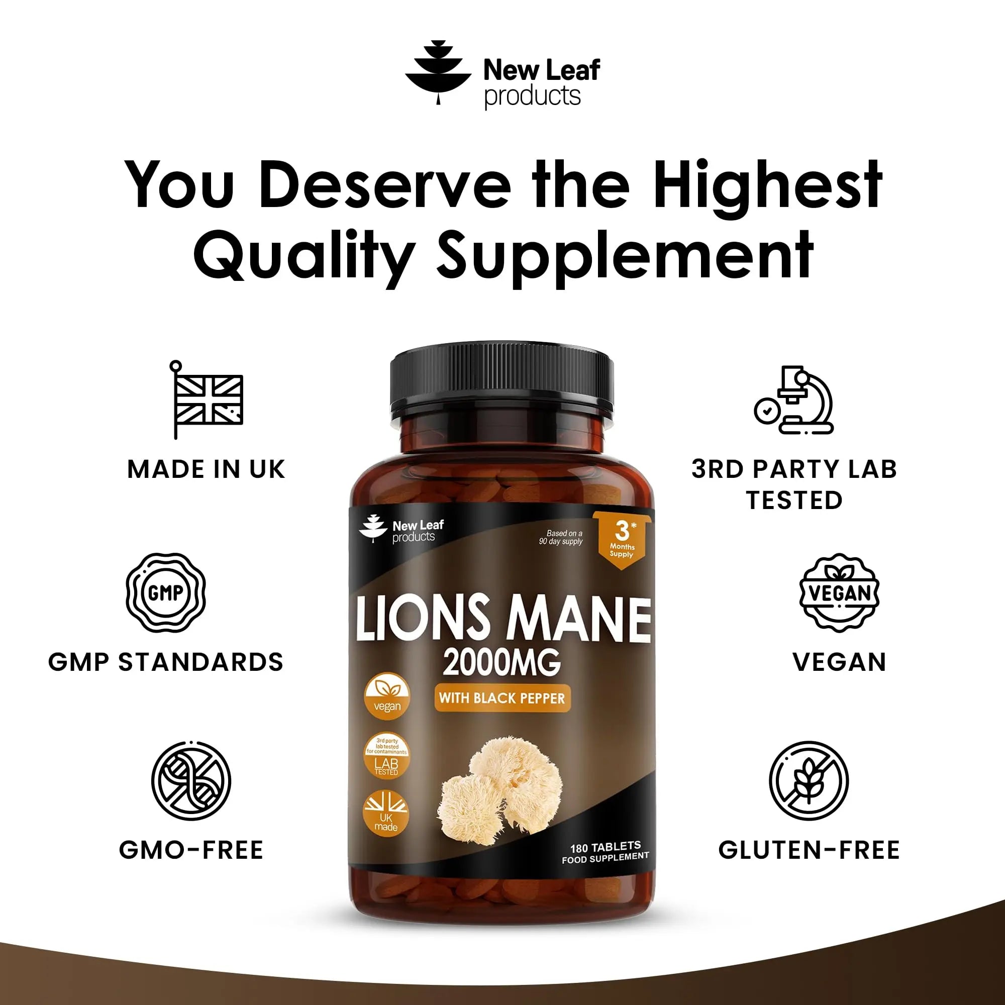 Lions Mane Mushroom Extract Supplement 2000mg - 180 High Strength Vegan Tablets NEW LEAF PRODUCTS Au supplements