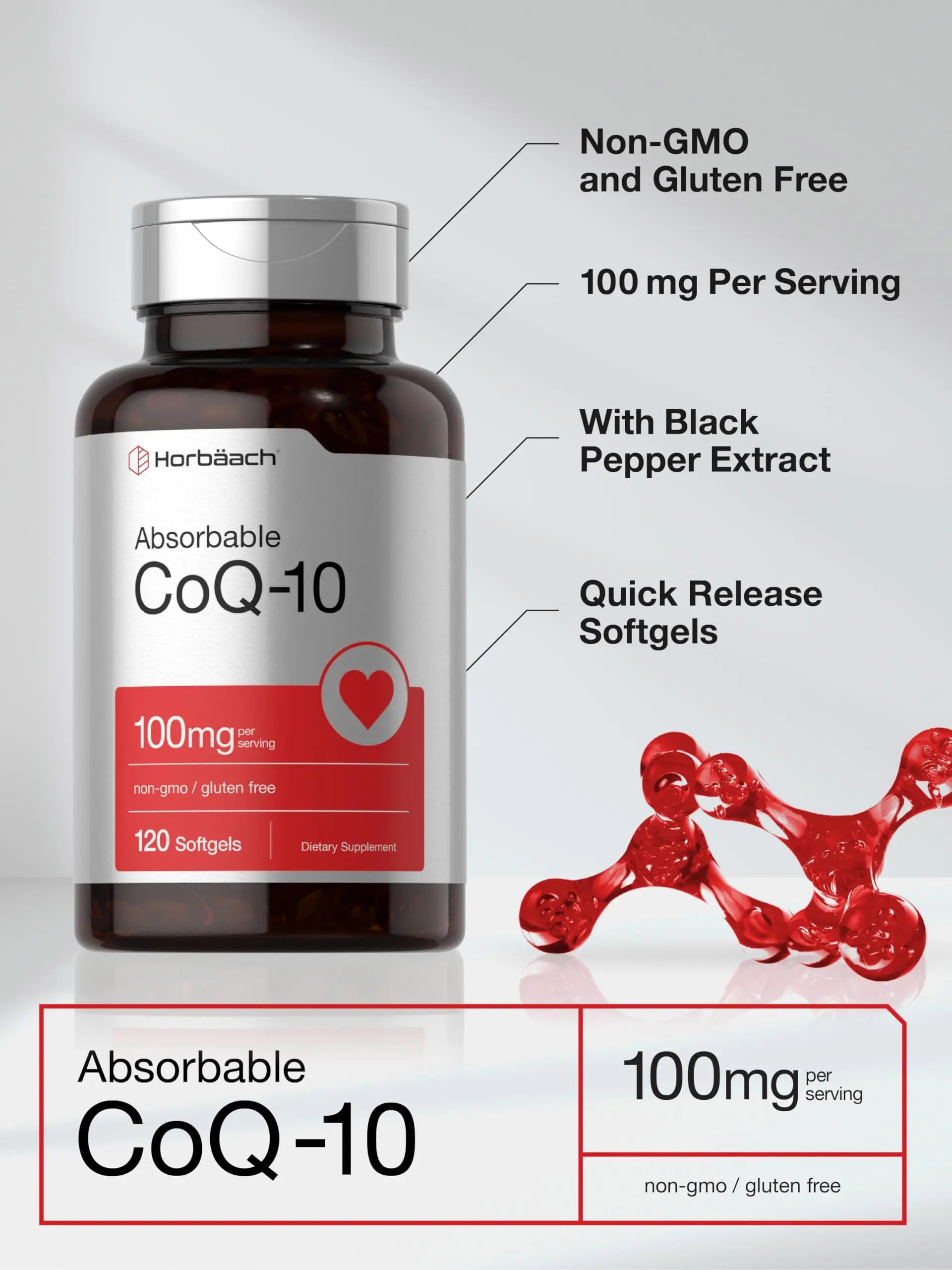 Horbäach CoQ10 100mg Softgels | 120 Count | Non-GMO and Gluten Free Supplement Horbäach Au supplements