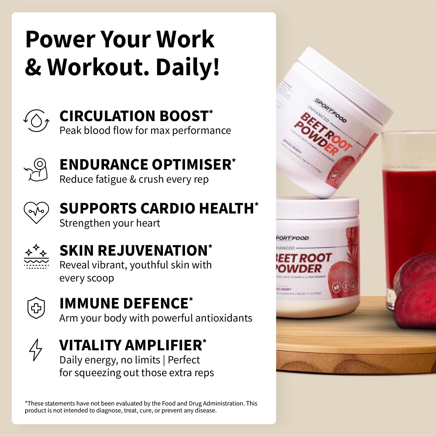 SPORTFOOD Beet Root Powder with Niacinamide & Vitamin C - Superfood for Circulation, Energy, & Stamina | Vegan, Non-GMO, Nitric Oxide Boost for Pre-Workout & Heart Health | Mixed Berry Flavor | 7.7oz Sport Food Au supplements