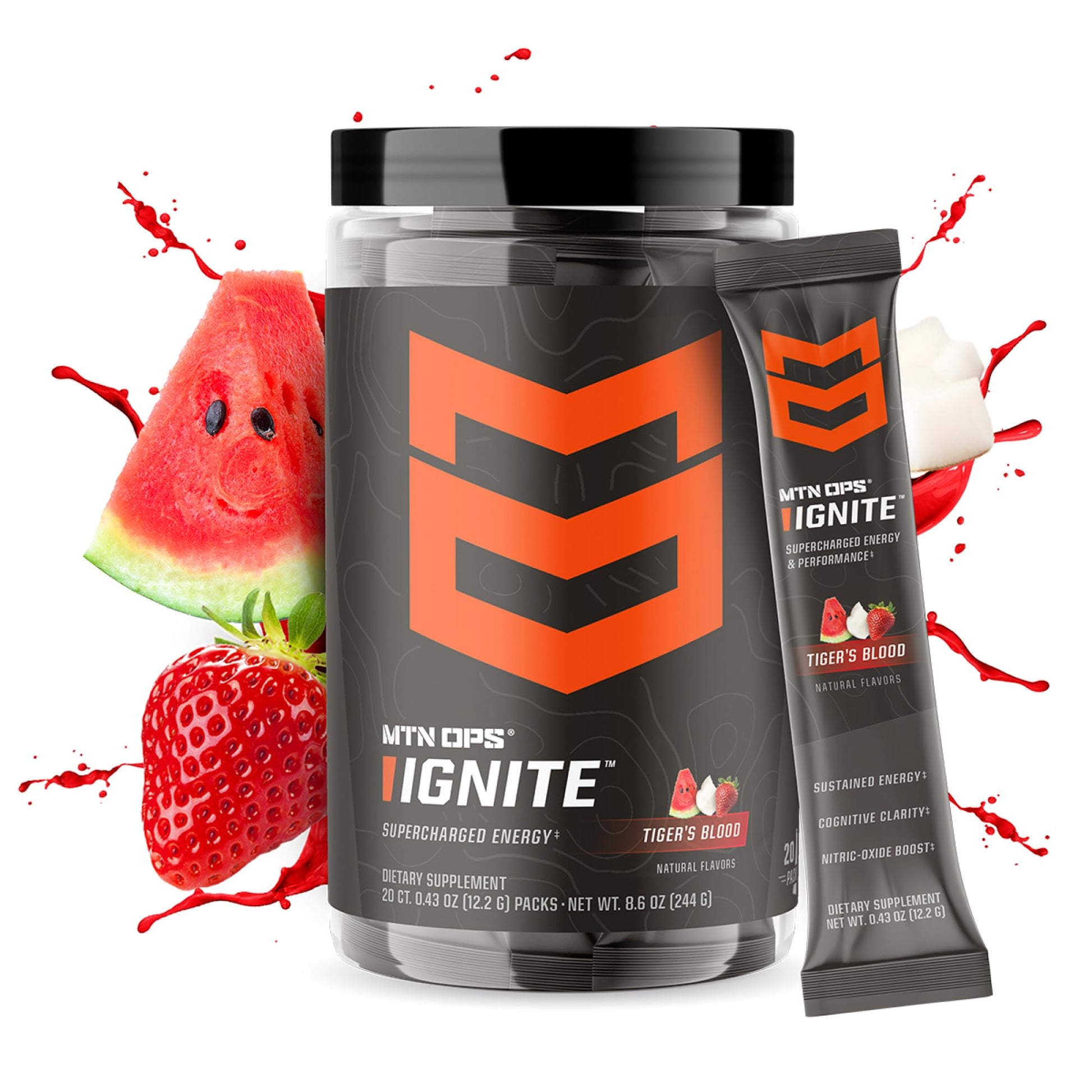 MTN OPS Ignite Trail Packs Energy Drink Powder, Gluten Free Nootropic Supplement Drink Mix, L Arginine, L Citrulline, Caffeine & Nootropic Sugar Free Drink Mix, 20 Servings, Tiger's Blood MTN OPS Au supplements