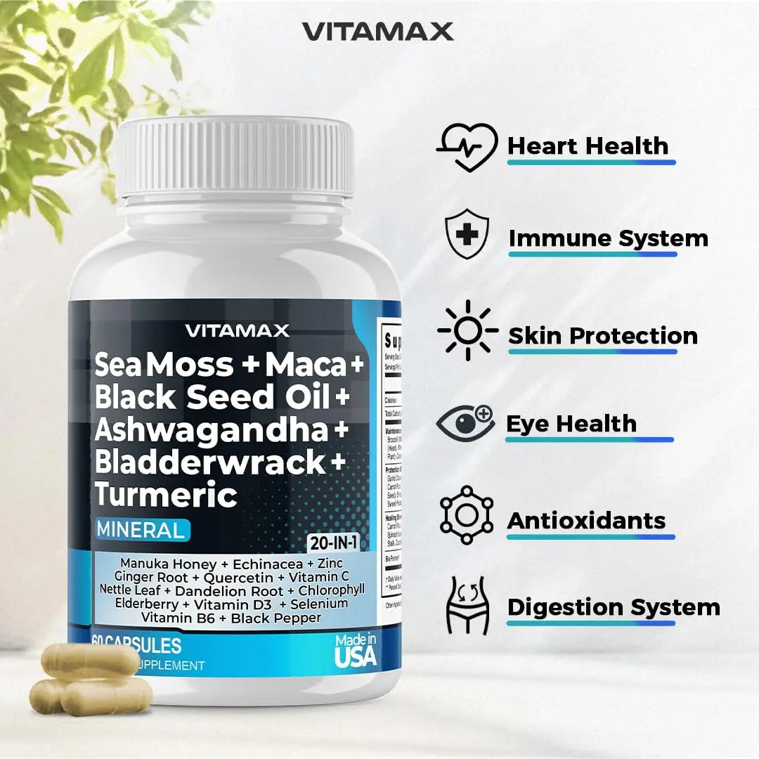 Sea Moss 3000mg Maca 1000mg Black Seed Oil 2000mg Ashwagandha 1000mg Bladderw Vitamax Au supplements