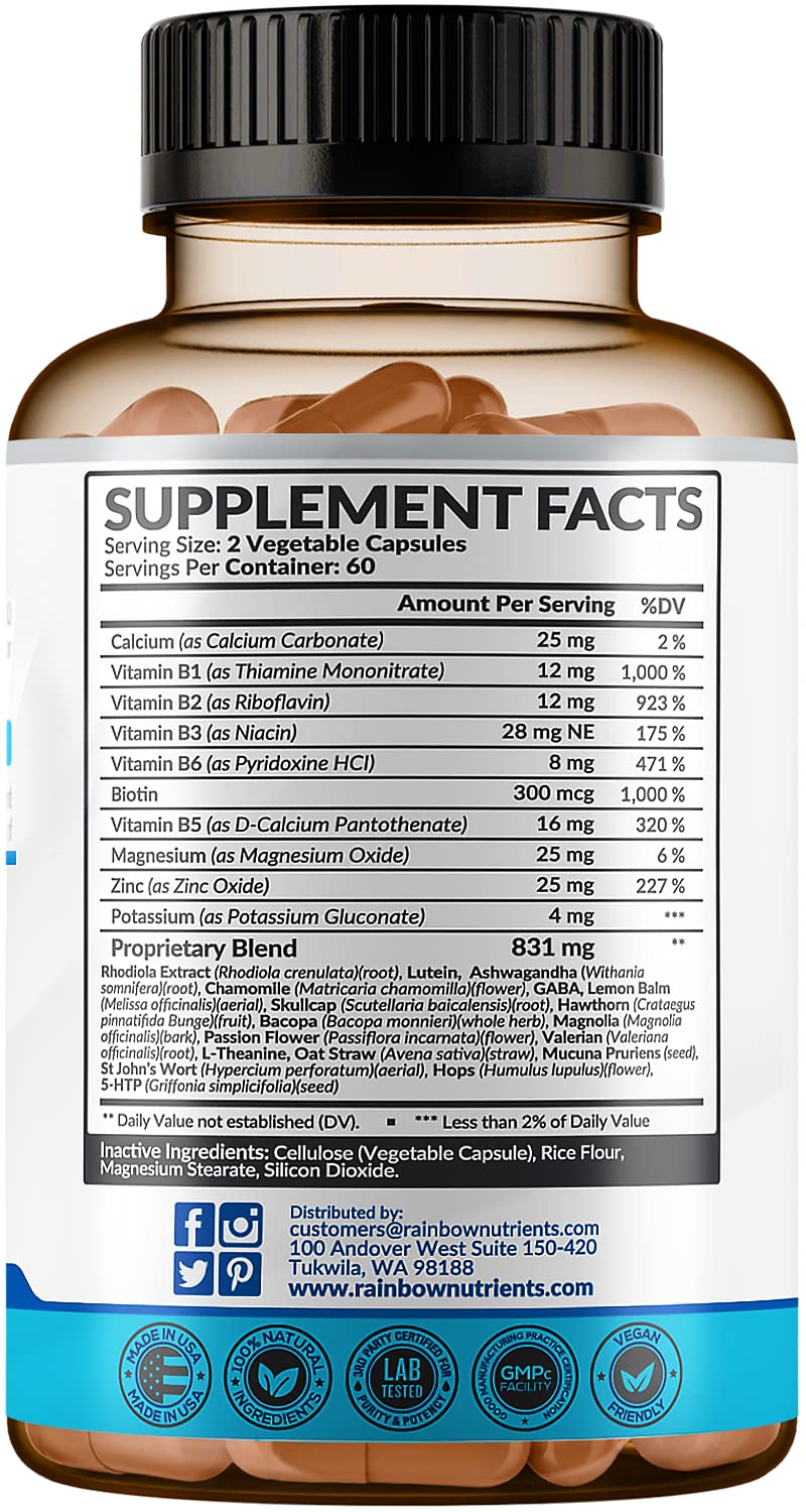 28 in 1 Calm Mood Support Supplement- Natural Happy Pills for Occasional Anxiousness & Stress, Worry feelings, Relaxation, Mental Clarity | Max Sleep & Mood Support for Women & Men|120 Vegan Capsules Rainbow Nutrients, LLC Au supplements