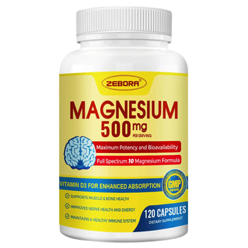 10-in-1 Magnesium Complex Supplement, Magnesium Glycinate 500mg with Citrate & Malate, Chelated High Absorption Plus Vitamin D3 & Zinc - for Nerve, Muscle & Bone Support - 120 Capsules ZEBORA Au supplements