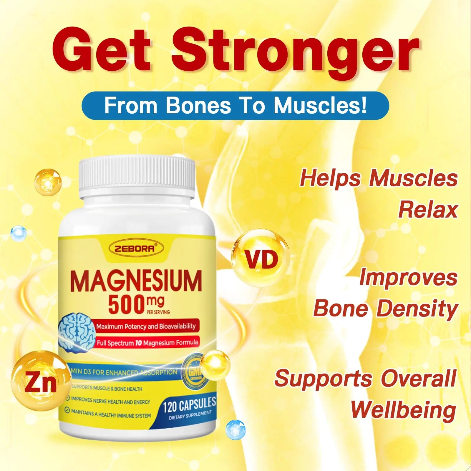 10-in-1 Magnesium Complex Supplement, Magnesium Glycinate 500mg with Citrate & Malate, Chelated High Absorption Plus Vitamin D3 & Zinc - for Nerve, Muscle & Bone Support - 120 Capsules ZEBORA Au supplements