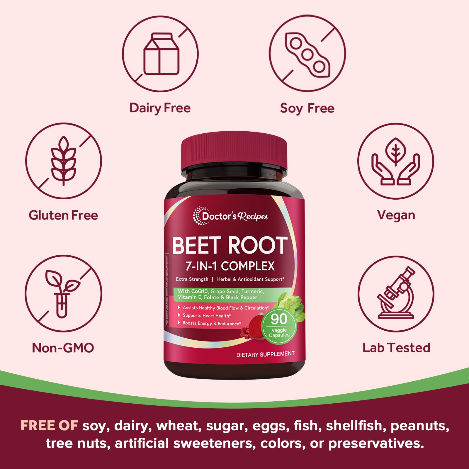 Doctor's Recipes Beet Root Capsules, 20:1 Extract with Grape Seed, CoQ10, Turmeric, Black Pepper for Enhanced Absorption, Supports Heart, Circulation, Energy & Nitric Oxide, Non-GMO, 90 Veg Caps Doctor's Recipes Au supplements