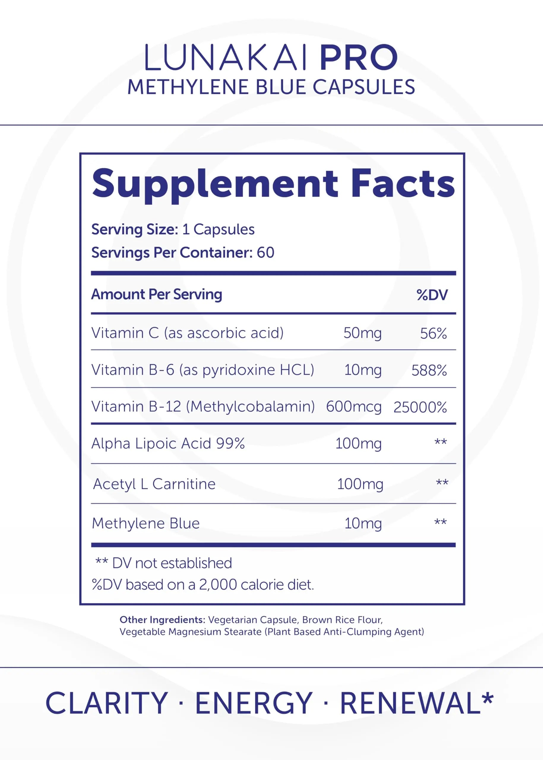 Lunakai PRO USA Made Methylene Blue Capsules Pharmaceutical Grade with Vitamin C, B6, B12 – 3rd-Party Tested Daily Brain & Focus Support Supplement for Humans, 60ct Lunakai Au supplements