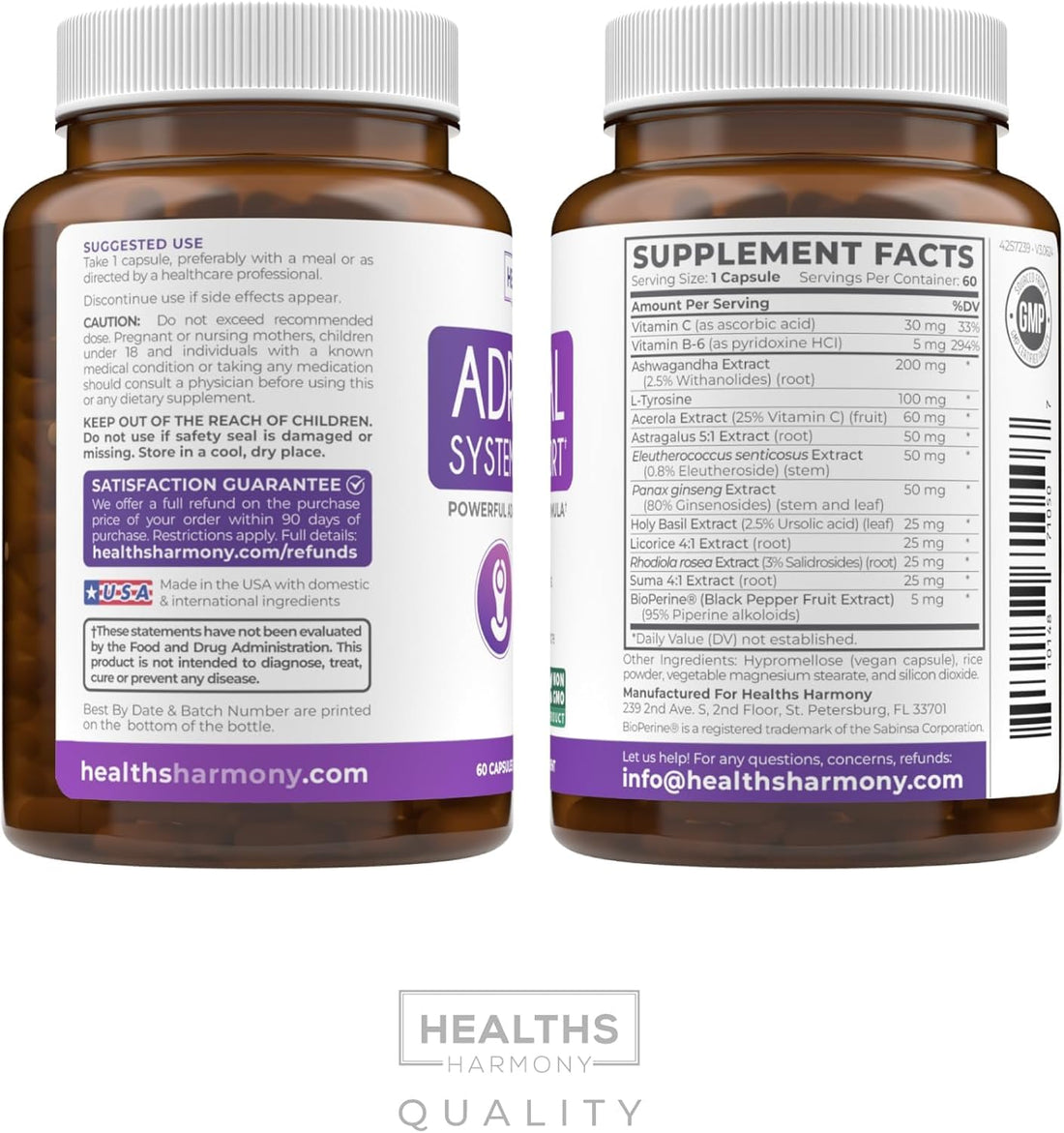 Adrenal System Support & Cortisol Manager (2 Month Supply) Powerful Ashwagandha & L-Tyrosine Fatigue Supplement - Maintain Balanced Cortisol Levels, Health, & Stress Relief - Non-GMO - 60 Capsules Healths Harmony Au supplements