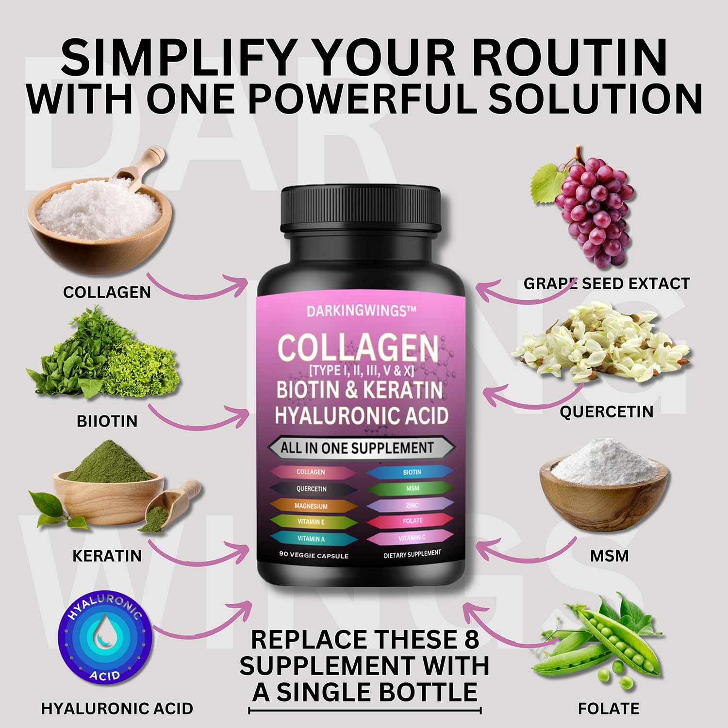Multi Collagen Pills Peptides Types I, II, III, V & X MCG Biotin Keratin Hyaluronic Acid MSM Vitamin C Zinc Magnesium with Grape Seed Extract, Quercetin - Hair Skin and Nails Vitamins Capsule Darkingwings Au supplements