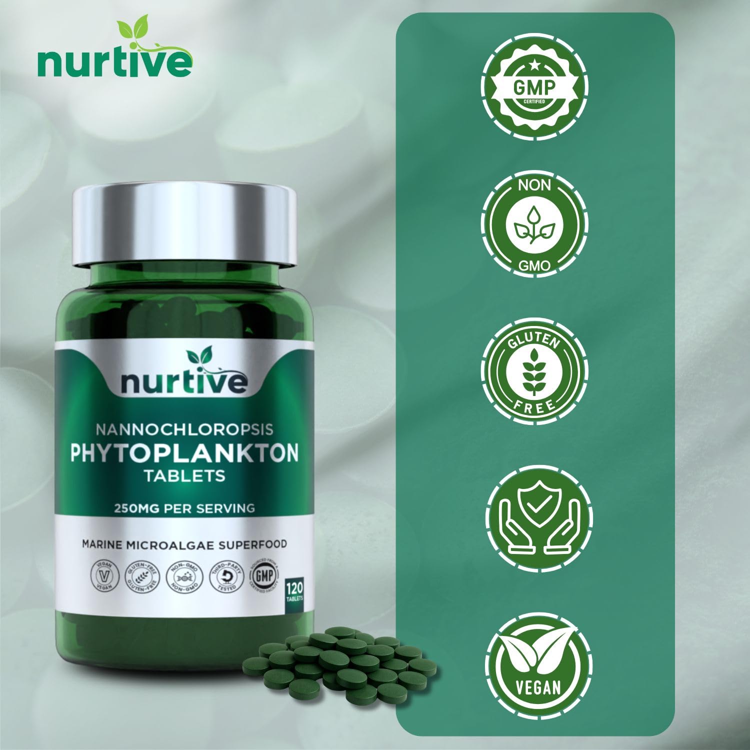 NURTIVE Nannochloropsis Phytoplankton Tablets – 250mg per Serving – Vegan, Gluten-Free, Non-GMO, No Fillers – Third-Party Tested, GMP Certified – 2 Tablets/Day for 2 Month, 120 Tablets/Bottle NURTIVE Au supplements