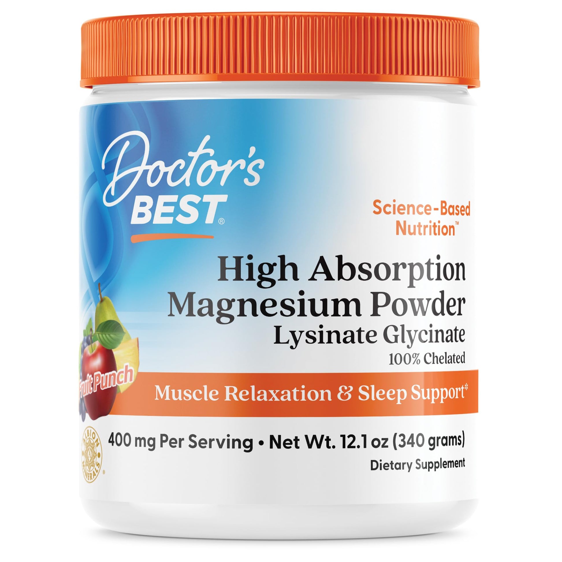 Doctors Best High Absorption Magnesium Powder Lysinate Glycinate 100% Chelated, Muscle Relaxation & Sleep Support, Gluten Free, Vegan, 100% Chelated Net Wt. 12.1 oz (340 Grams), Fruit Punch Flavor Doctor's BEST Au supplements