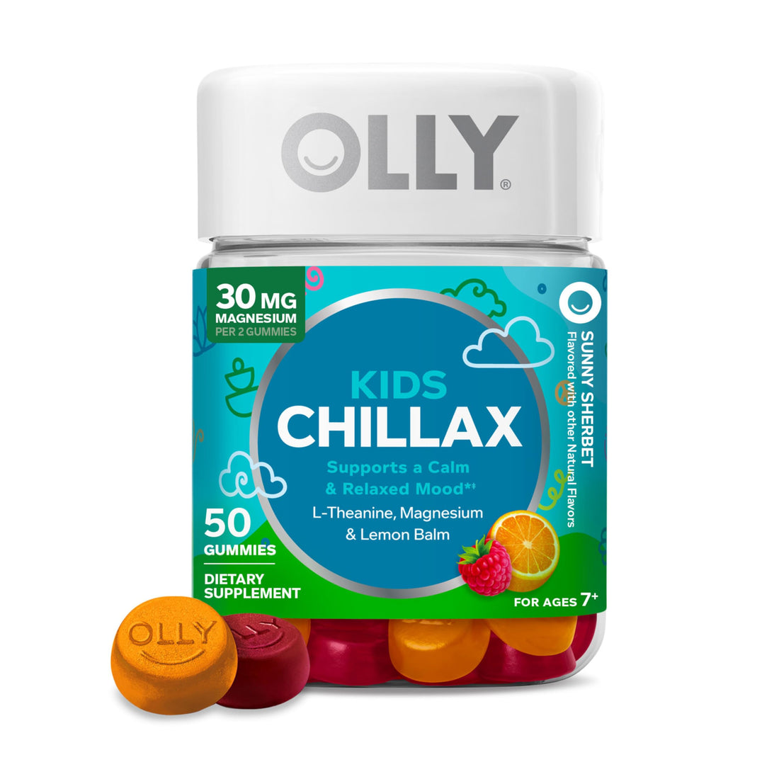 OLLY Kids Chillax Gummy, For a Calm and Relaxed Mood*, Magnesium, L-Theanine, Lemon Balm Extract, Chewable Supplement, Sherbet Flavored, 25 Day Supply - 50 Count OLLY Au supplements