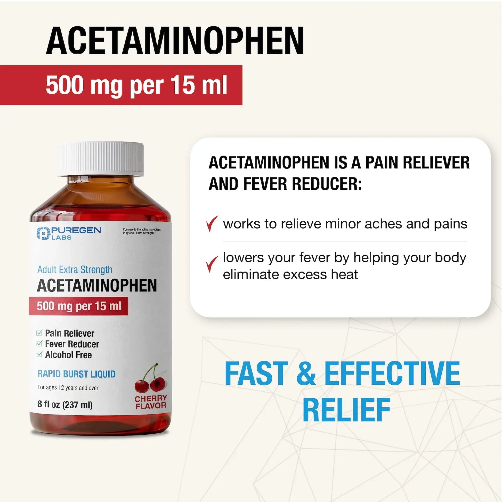 Puregen Labs Adult Extra Strength Acetaminophen Liquid 500mg/15ml - 8 fl oz Rapid Burst Pain Reliever/Fever Reducer, Cherry Flavor | Muscle & Joint Pain Relief | Arthritis Pain Relief P Puregen Labs Au supplements