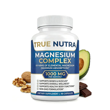 True nutra Magnesium Complex，Advanced 8-in-1 Magnesium Blend，Glycinate, Citrate, Malate, Taurate etc，High Formula，90 Capsules true nutra Au supplements