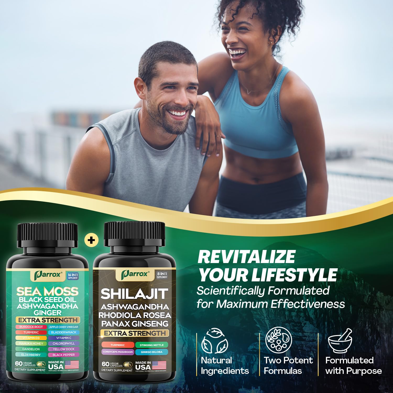 Parrox Shilajit and Sea Moss Bundle, Sea Moss 350mg, Black Seed Oil 200mg, Ashwagandha 100mg, Turmeric, Shilajit 300mg, Rhodiola Rosea 100mg, Panax Ginseng 50mg, Dynamic Vitality Bundle (2 Pack) Parrox Au supplements