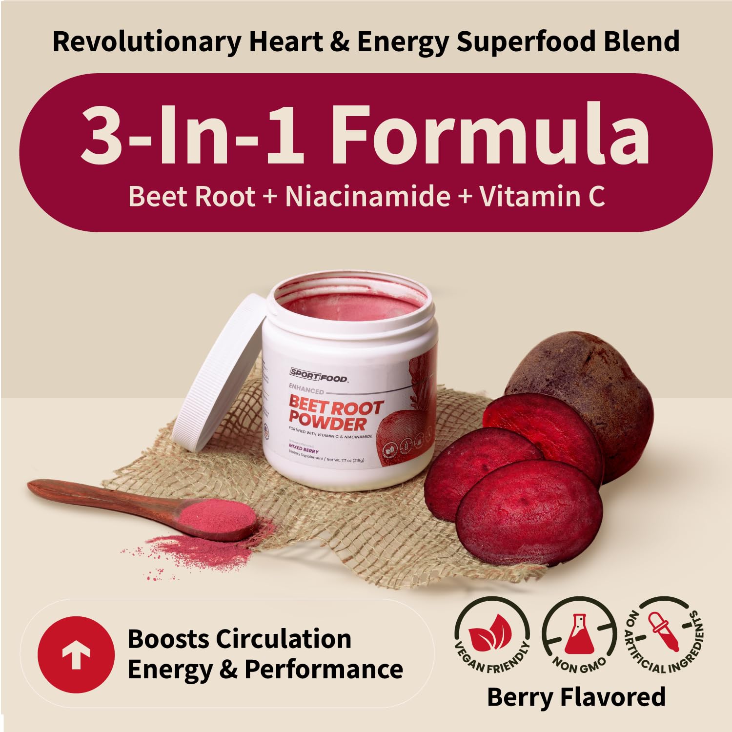 SPORTFOOD Beet Root Powder with Niacinamide & Vitamin C - Superfood for Circulation, Energy, & Stamina | Vegan, Non-GMO, Nitric Oxide Boost for Pre-Workout & Heart Health | Mixed Berry Flavor | 7.7oz Sport Food Au supplements