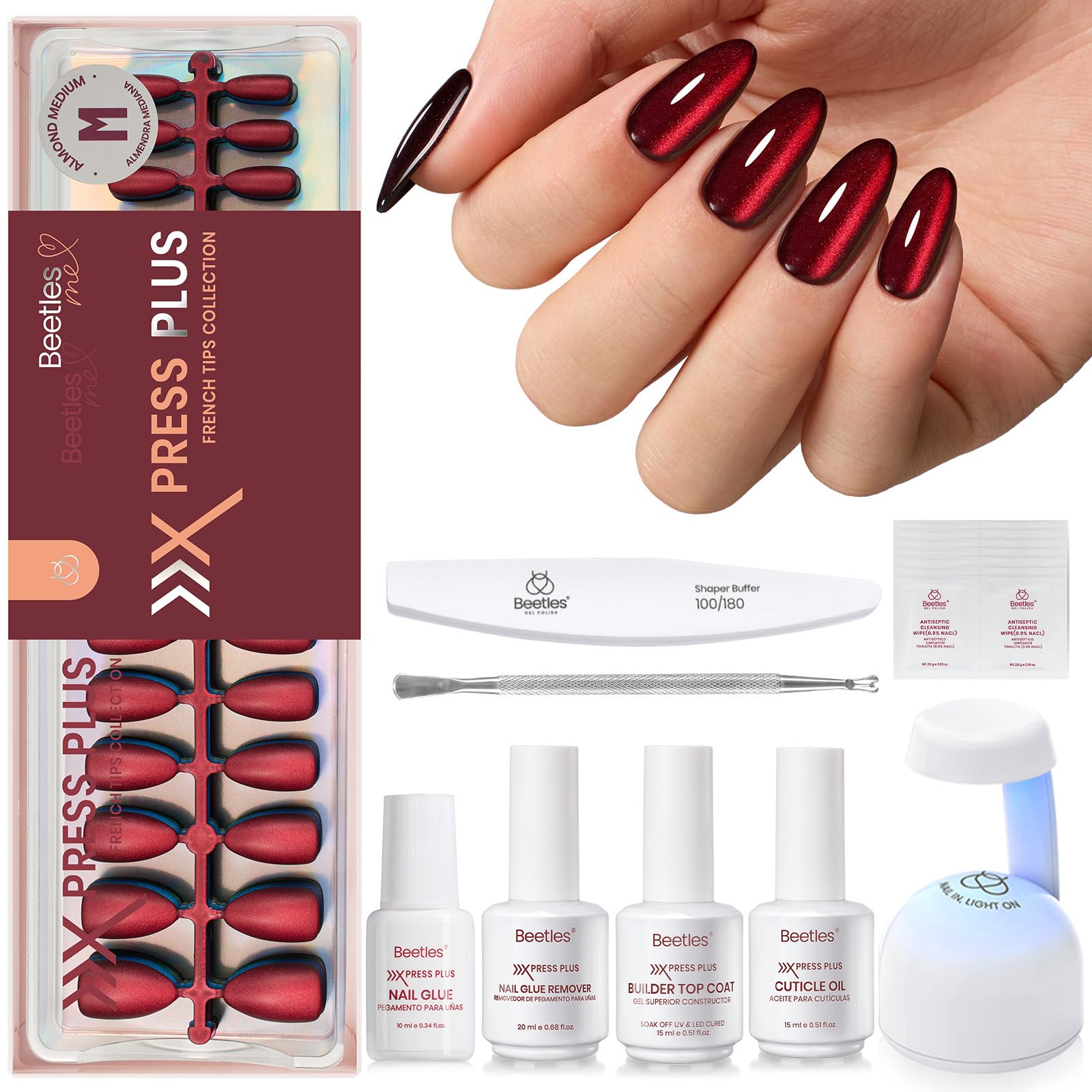 Beetles Cat Eye Nails Kit - Enchanted Aurora | 7 Colors Cat Eye Press On Nails Medium Almond | 224Pcs 16 Sizes All-in-One Kit With Nail Glue,Remover,Builder Top Coat,Nail Lamp Gift beetles Gel Polish Au supplements