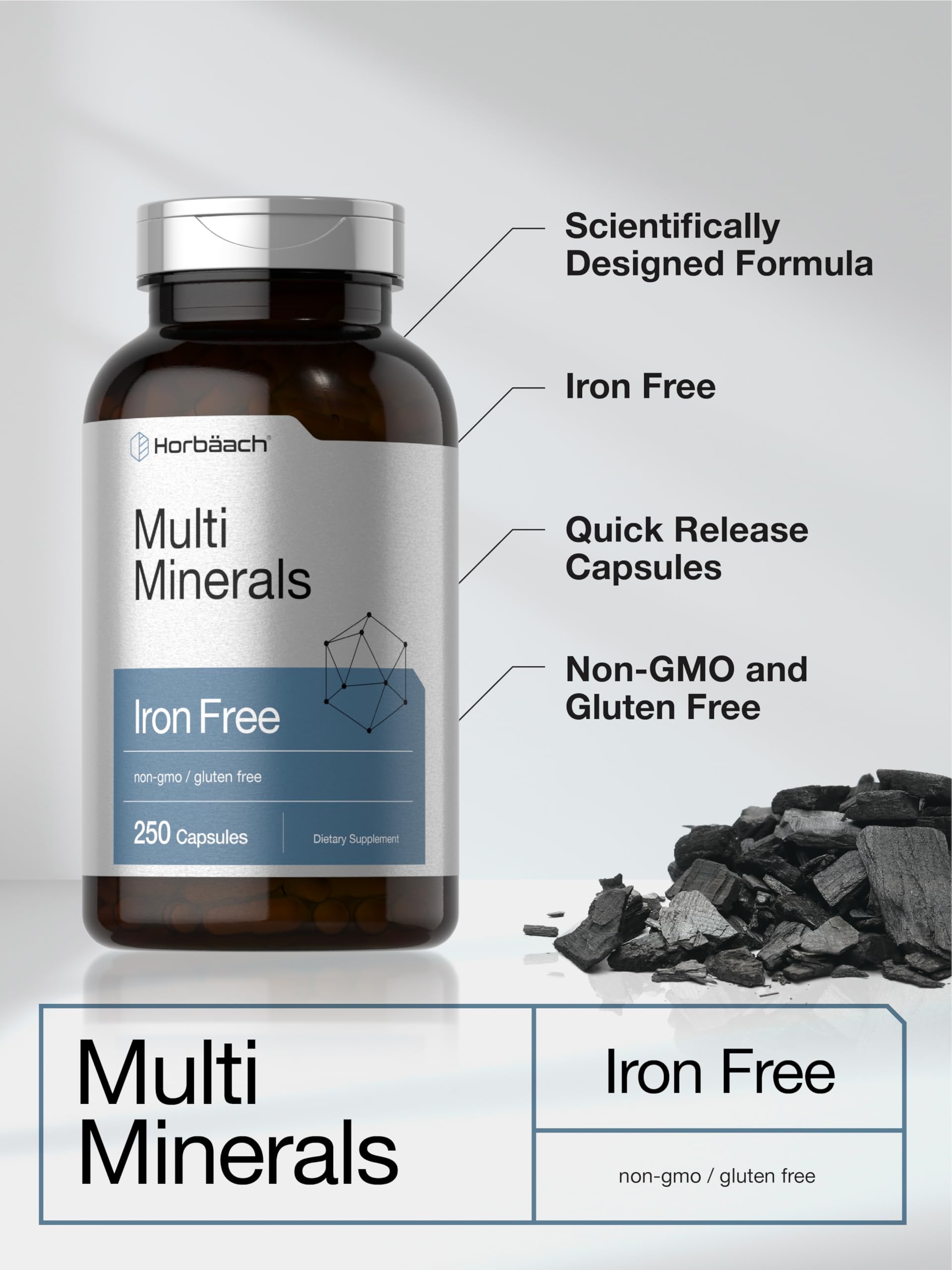 Horbäach Multi Minerals Supplement | 250 Capsules | Iron Free | Daily Mineral Complex for Men and Women | Non-GMO & Gluten Free Horbäach Au supplements