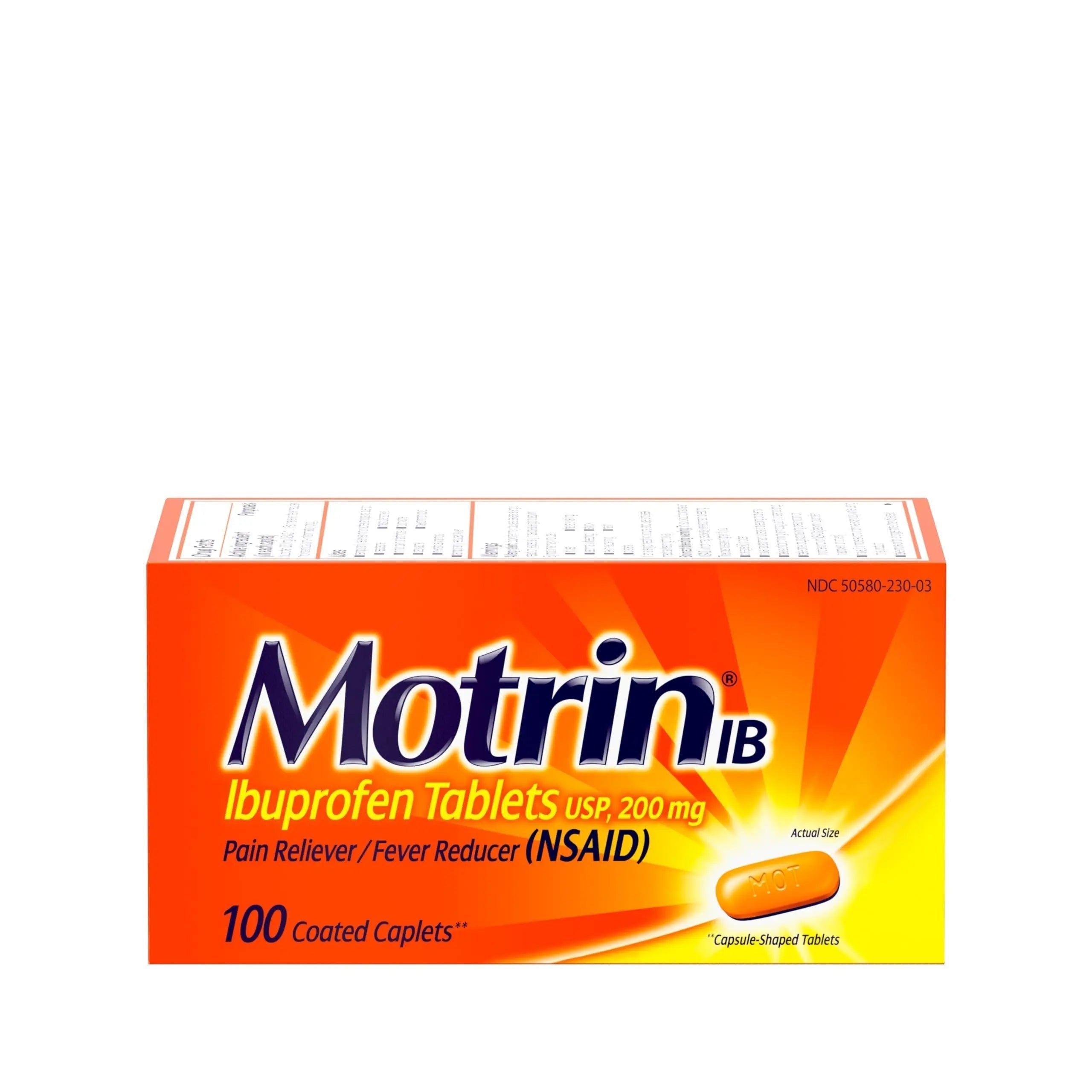 Motrin IB, Ibuprofen 200mg Tablets, Pain Reliever & Fever Reducer for Muscular Aches, Headache, Backache, Menstrual Cramps & Minor Arthritis Pain, NSAID, 100 Ct Motrin Au supplements
