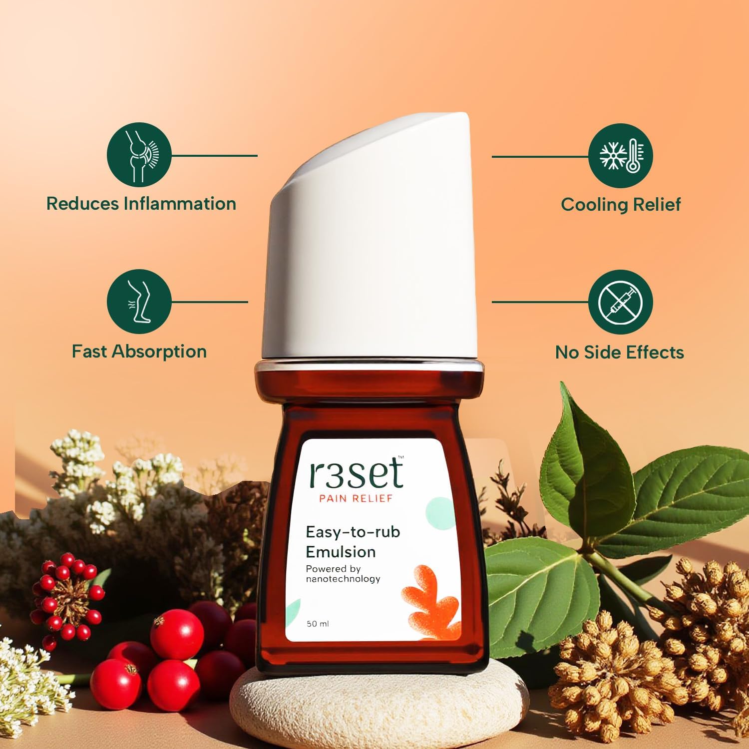 Pain Relief Emulsion Roll-On | Fast Relief for Muscle, Joint, Back, Neck, Knee Pain, Sports Injuries | 100% Natural, Absorbs Easily, No Side Effects | Herbal Ingredients for Aches & Soreness - 50ml Generic Au supplements