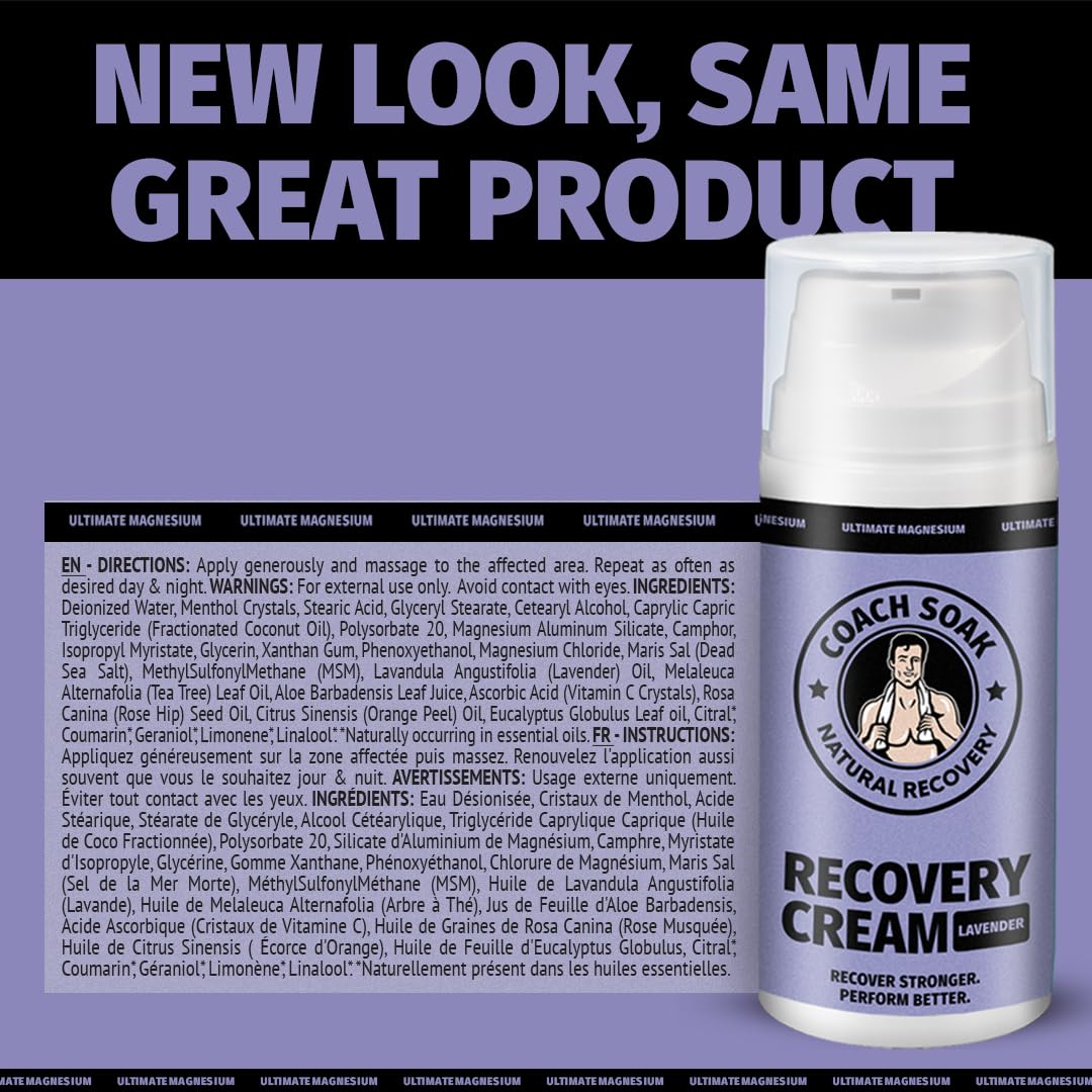 Coach Soak Magnesium Cream with MSM in Pump Bottle - Natural Recovery Cream with Magnesium Chloride & Menthol - Fast-Absorbing for Muscles & Joints, Lavender 3.4oz Coach Soak Au supplements