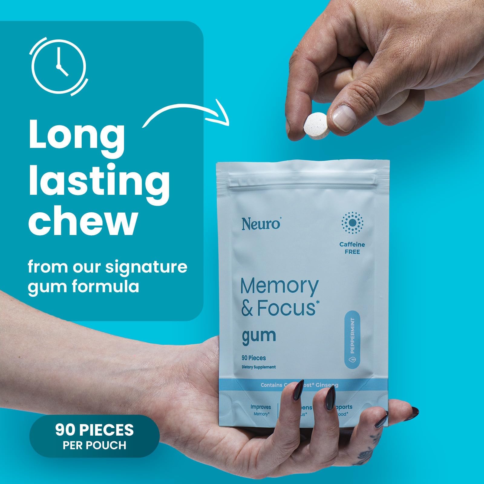 Neuro Memory & Focus Gum - Nootropic Gum with Vitamin B12, Vitamin B6, L-Theanine & Ginseng Extract - Natural Brain Support Supplement - Vegan, Caffeine & Sugar Free Chews - Peppermint, 90 ct Neuro Au supplements