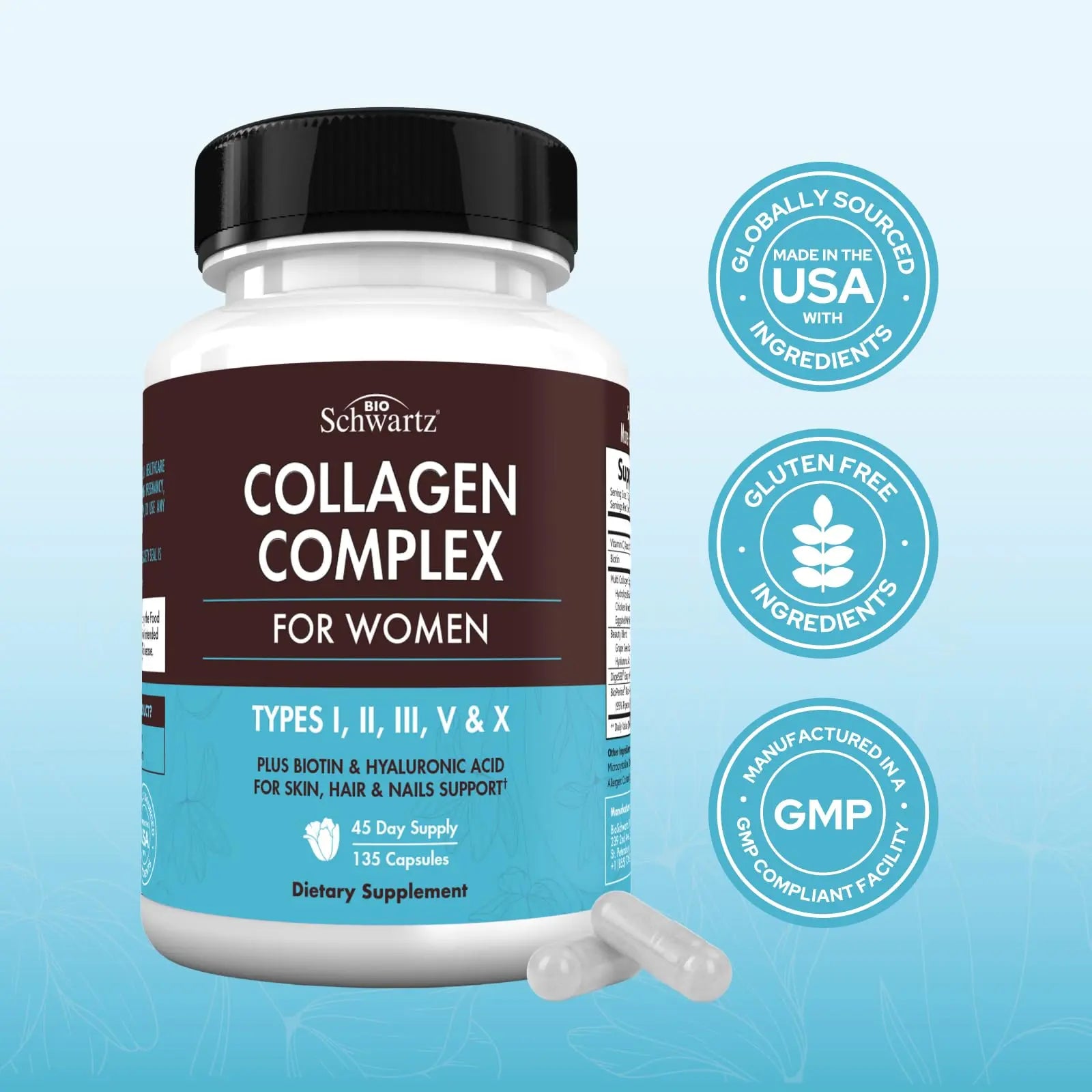 Multi Collagen Pills for Women (Types I II III V X) with Vitamin C Hyaluronic Acid Biotin BioSchwartz Au supplements