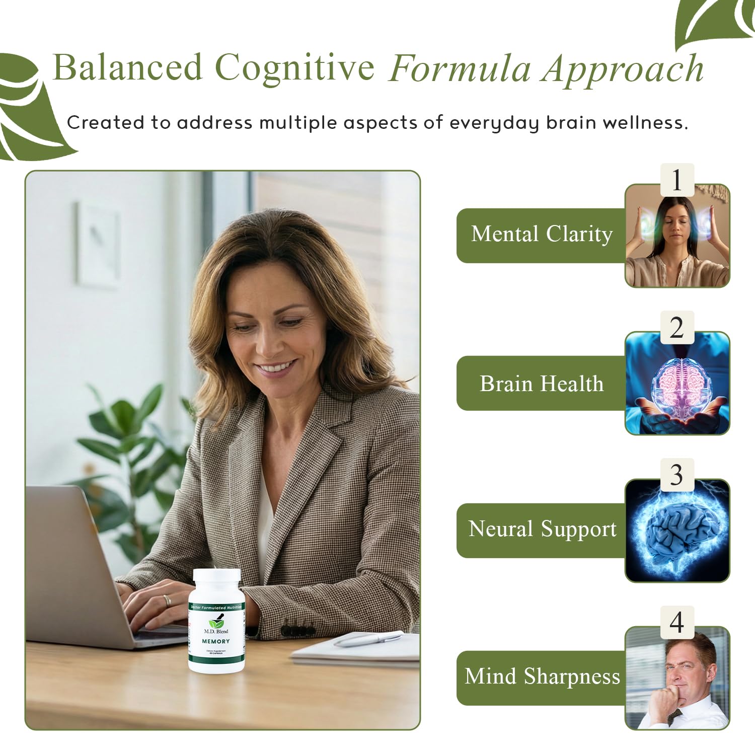 M.D. Blend Brain Support for Memory and Focus - Brain Supplement for Memory & Neural Function - Premium L-Tyrosine, Phosphatidylserine, Bacopa Monnieri Focus Supplement, 30 Capsules (Pack of 1) M.D. Blend Au supplements