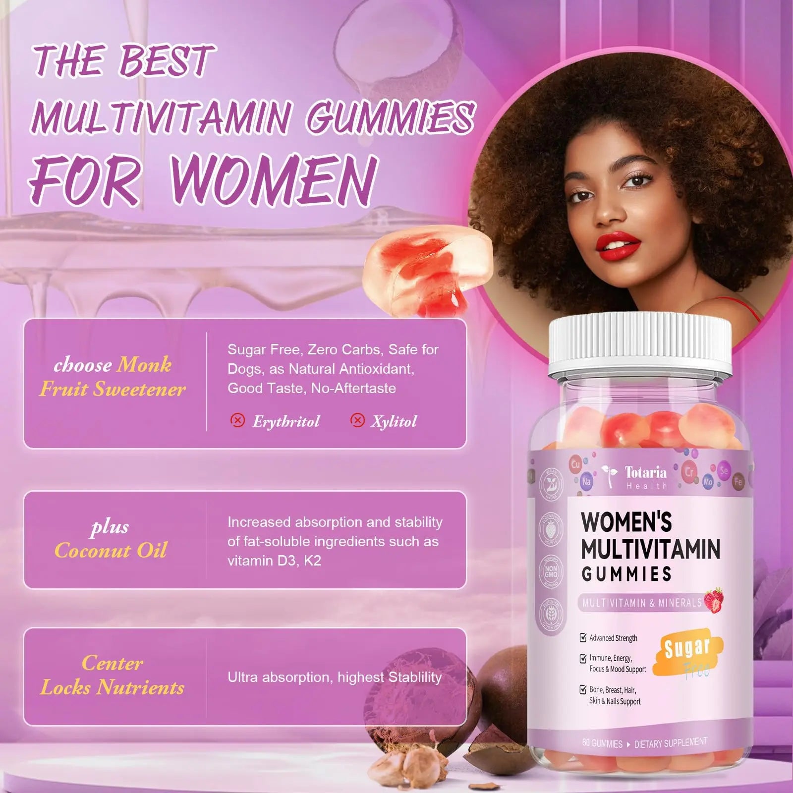 Totaria Sugar Free Multivitamin Gummies for Women 14+ w/Iron, Inositol, Folate, Biotin, Womens Daily Multivitamin Gummy w/Vitamin A, C, B, D3, K2 Totaria Au supplements