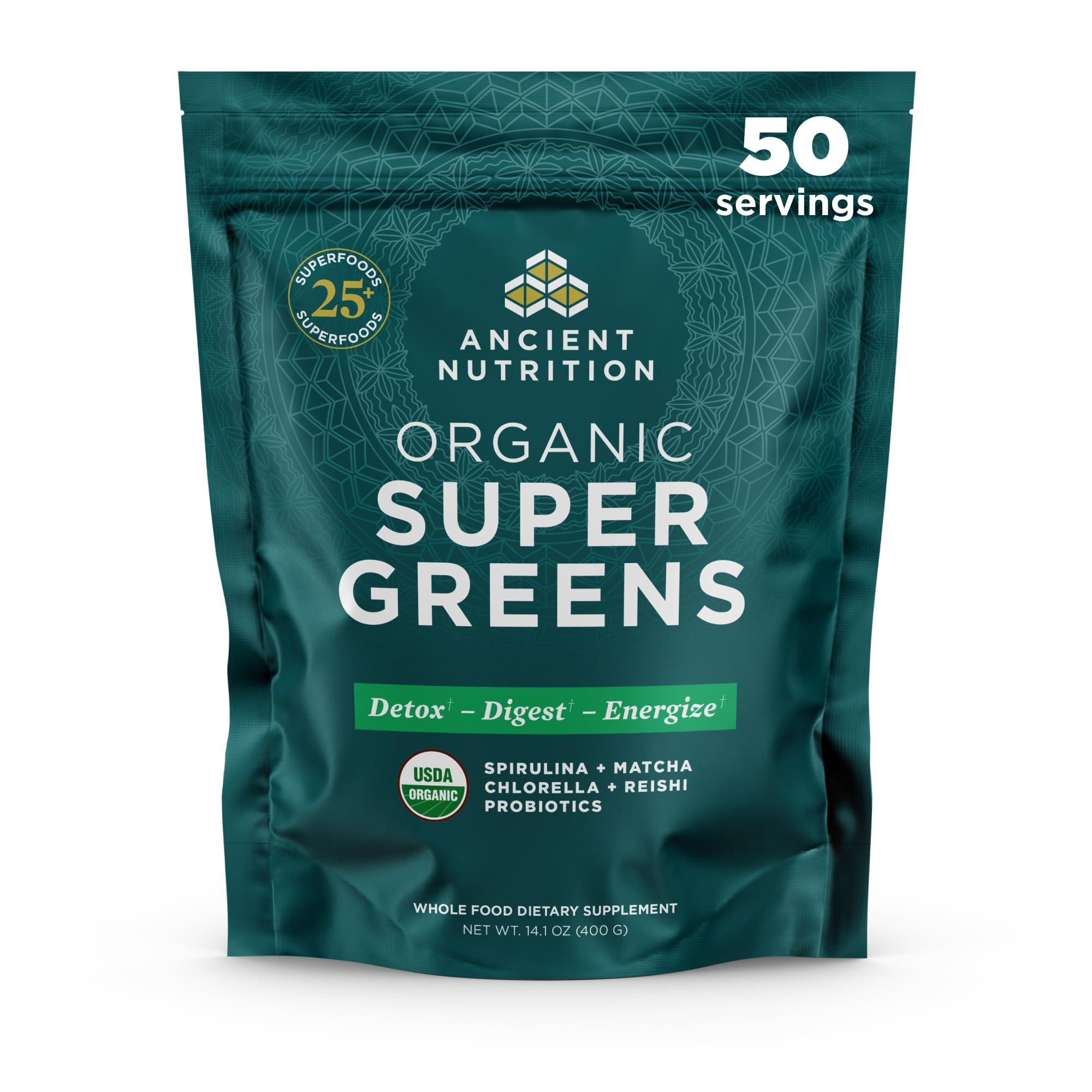 Ancient Nutrition Super Greens Powder, Organic Superfood Powder with Probiotics Made with Spirulina, Chlorella, Matcha, and Digestive Enzymes, 50 Servings, 14.1 oz Ancient Nutrition Au supplements
