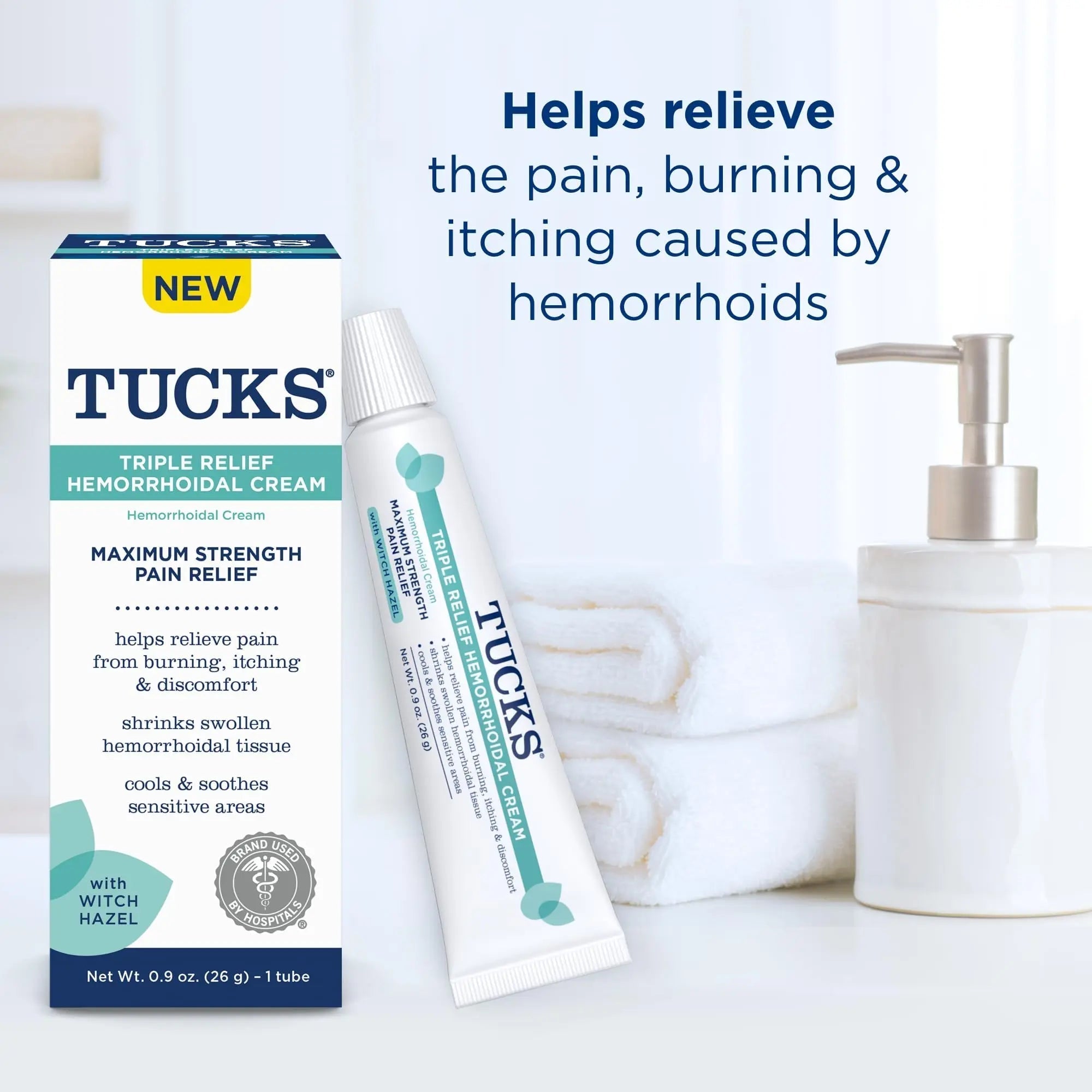 Tucks Triple Relief Hemorrhoidal Cream, Maximum Strength Pain Relief from Burning, Itching and Discomfort, with Witch Hazel, Treatment, Brand Used by Hospitals, 0.9oz. (26g) TUCKS Au supplements