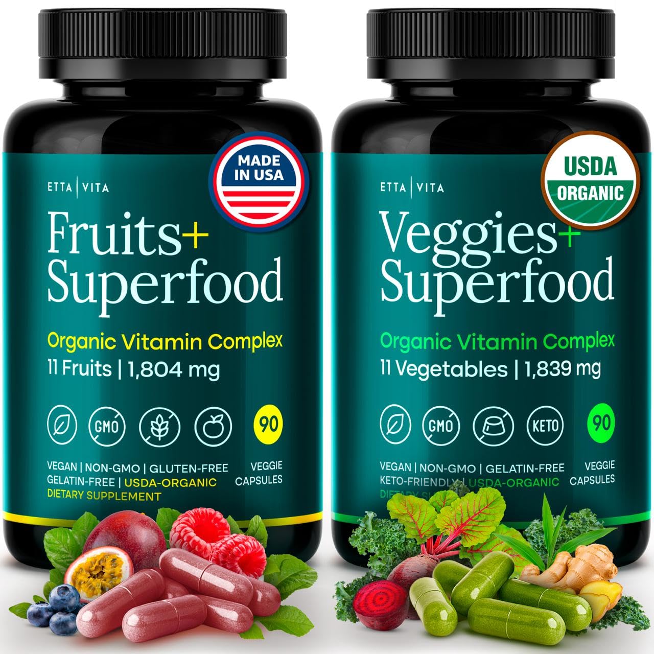 100% Organic Fruits and Veggies Supplement (USDA Organic - Made in USA) 180 Potent Fruits and Vegetable Capsules for Energy Boost & Daily Fruit and Vegetable Vitamins - Vegan, Non-GMO, Gluten-Free Etta Vita Au supplements