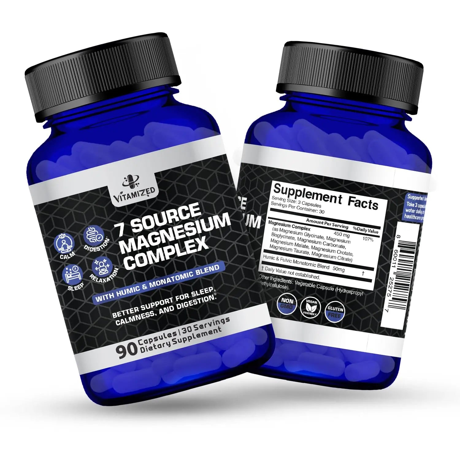 Magnesium Complex for Sleep, Relaxation, Digestion & Calm – Magnesium Glycinate, Citrate, Bisglycinate, Carbonate, Malate, Orotate, Taurate, + Humic/Fulvic for High Absorption - 90 ct. VITAMIZED Au supplements