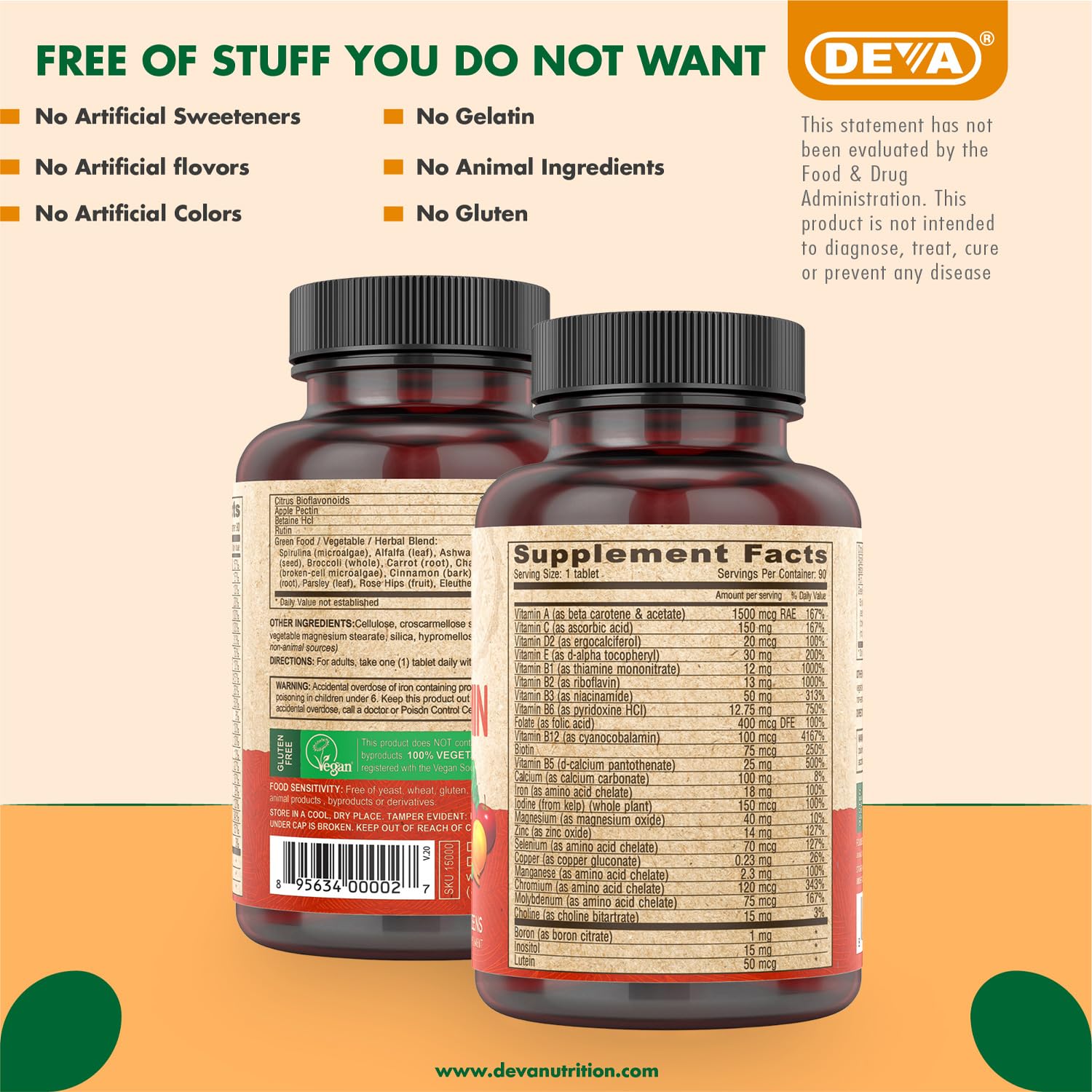 DEVA Vegan Multivitamin & Mineral Supplement with Iron 2-Pack, Spirulina, Chlorella, Ashwagandha, Broccoli & More, 90 Coated Tablets Each DEVA Au supplements